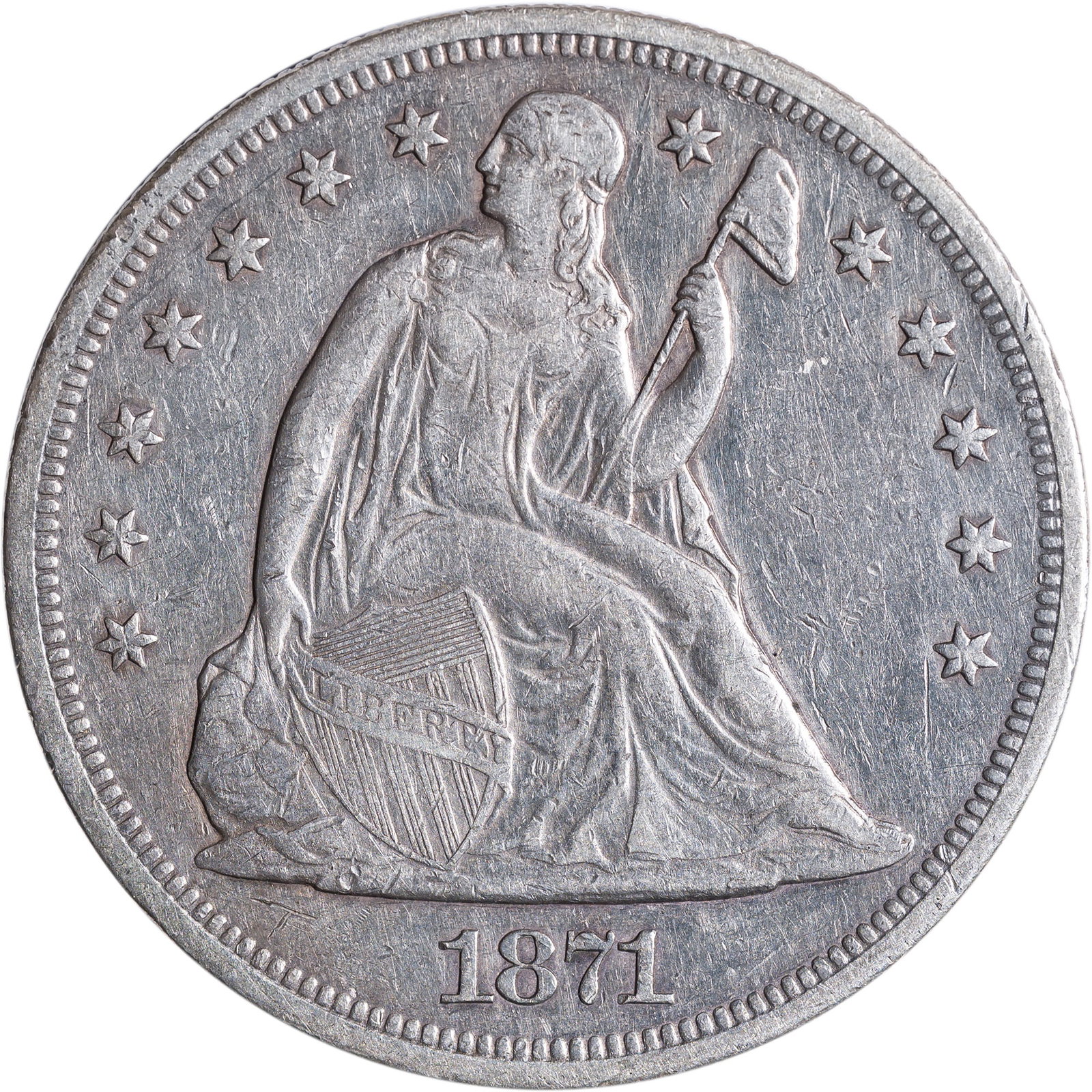 EF-40 Details 1871 Seated Dollar: Lightly cleaned long ago.