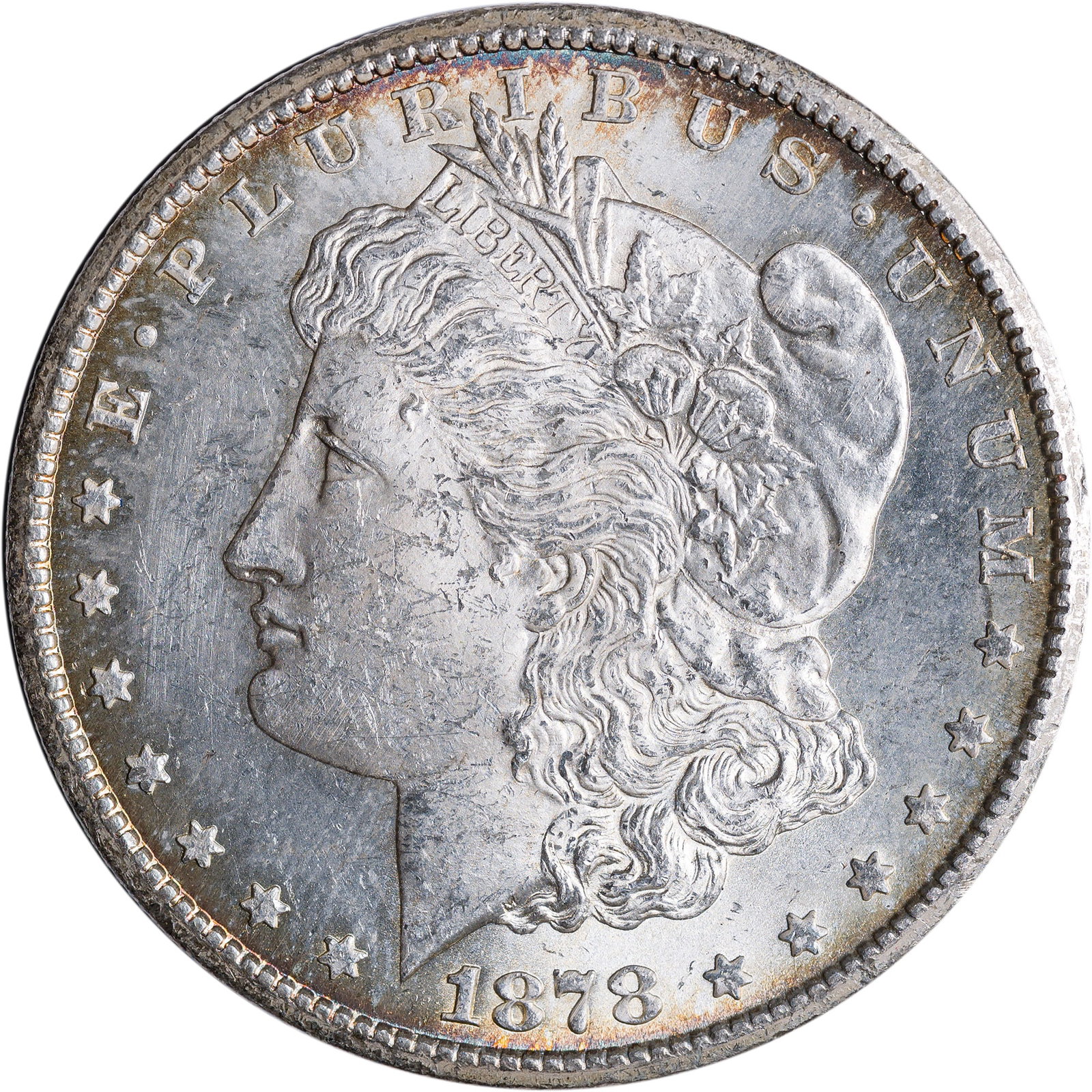 MS-60+ 1878-CC Morgan Dollar: Frosty and lustrous with rich golden highlights at the rims, and with a PL reverse.
