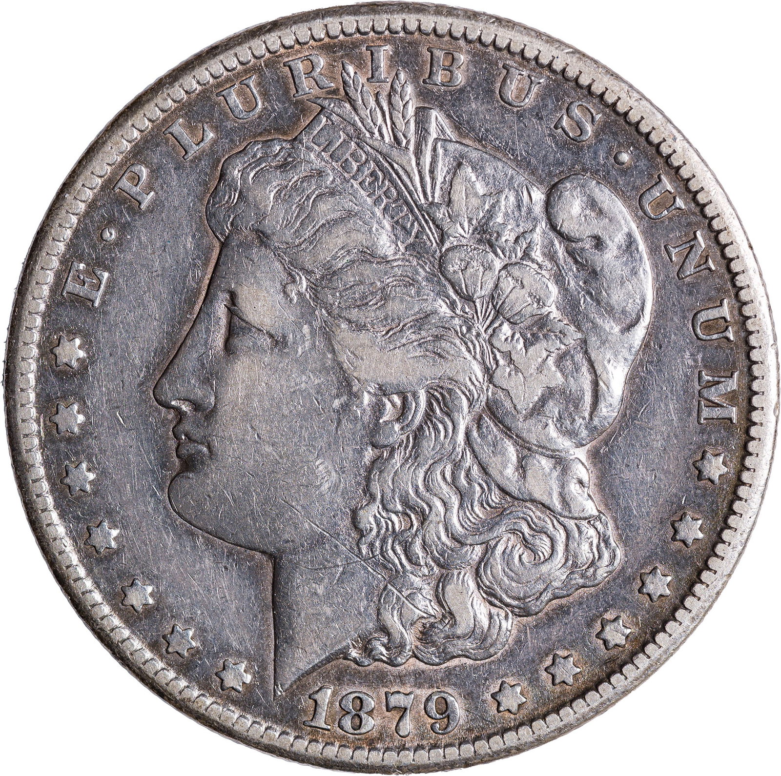 EF-40 1879-CC Capped Die Morgan Dollar: Smokey gray with lighter high points. A few light ticks are seen under low magnification.