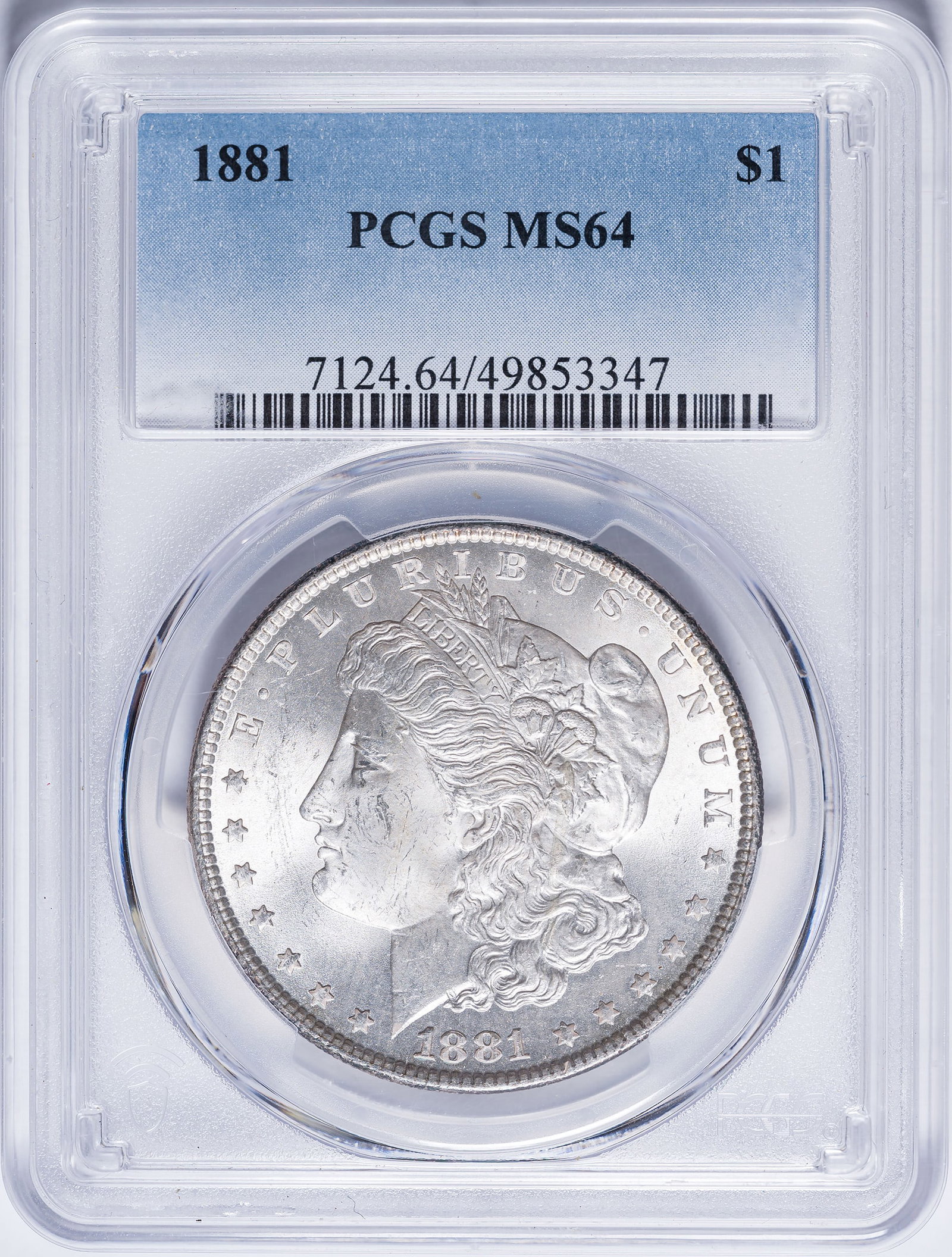 PCGS MS-64 1881 Morgan Dollar: A satiny and lustrous specimen, fully brilliant and choice throughout.