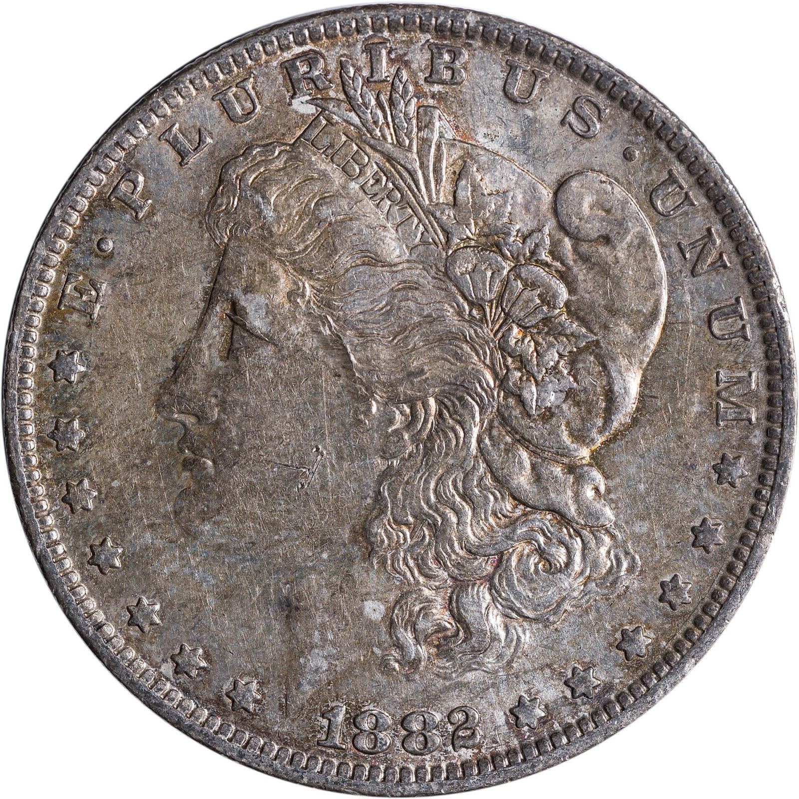 AU-50 1882-O/S Morgan Dollar: Strong overdate. Lustrous and original but does show some insignificant hairlines. Otherwise choice.