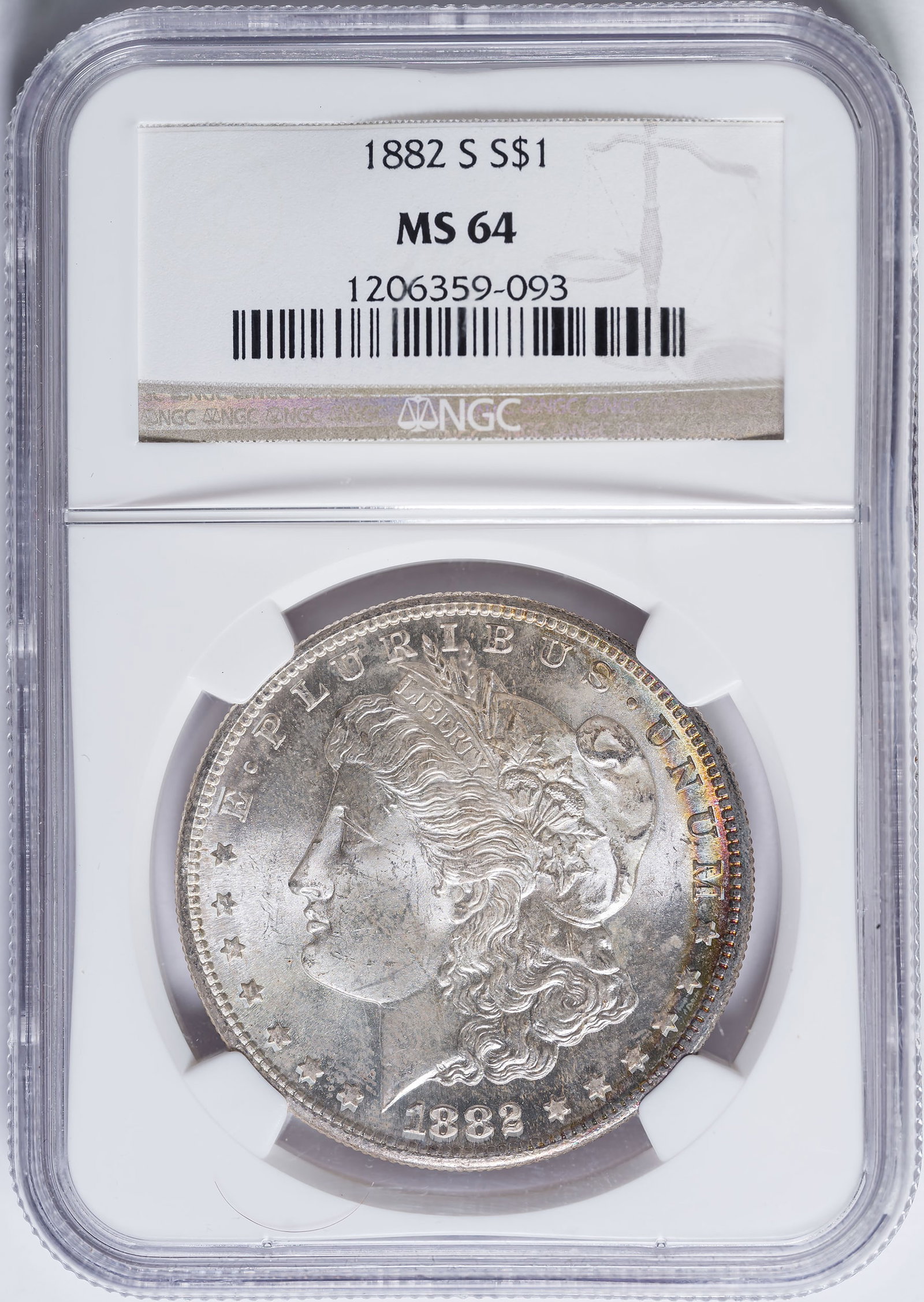 NGC MS-64 1882-S Morgan Dollar: Bright and lustrous with a touch of colorful iridescence at the obverse rim.