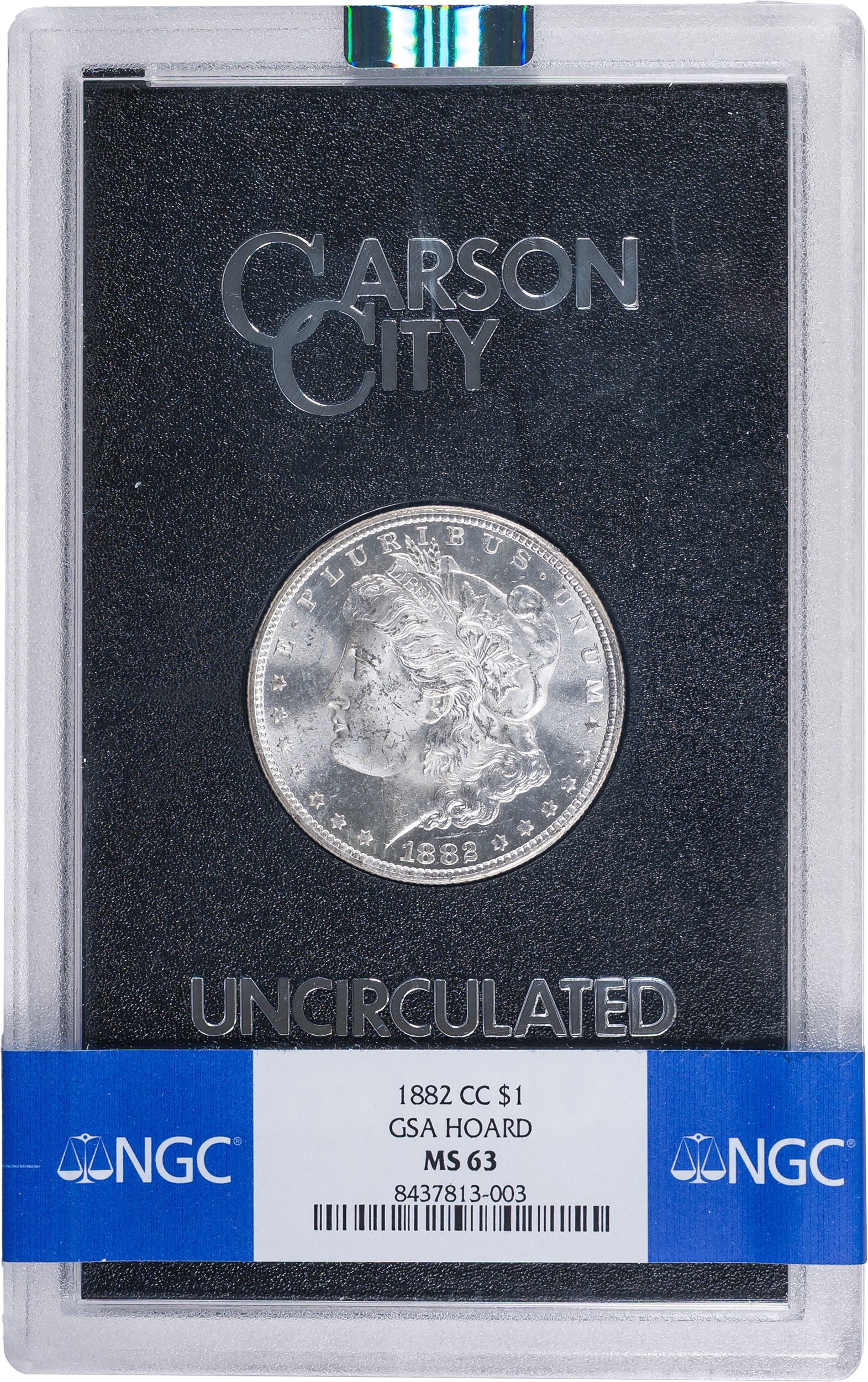 NGC MS-63 1882-CC Morgan Dollar: Brilliant and semi proof-like. Housed in an NGC banded GSA holder.