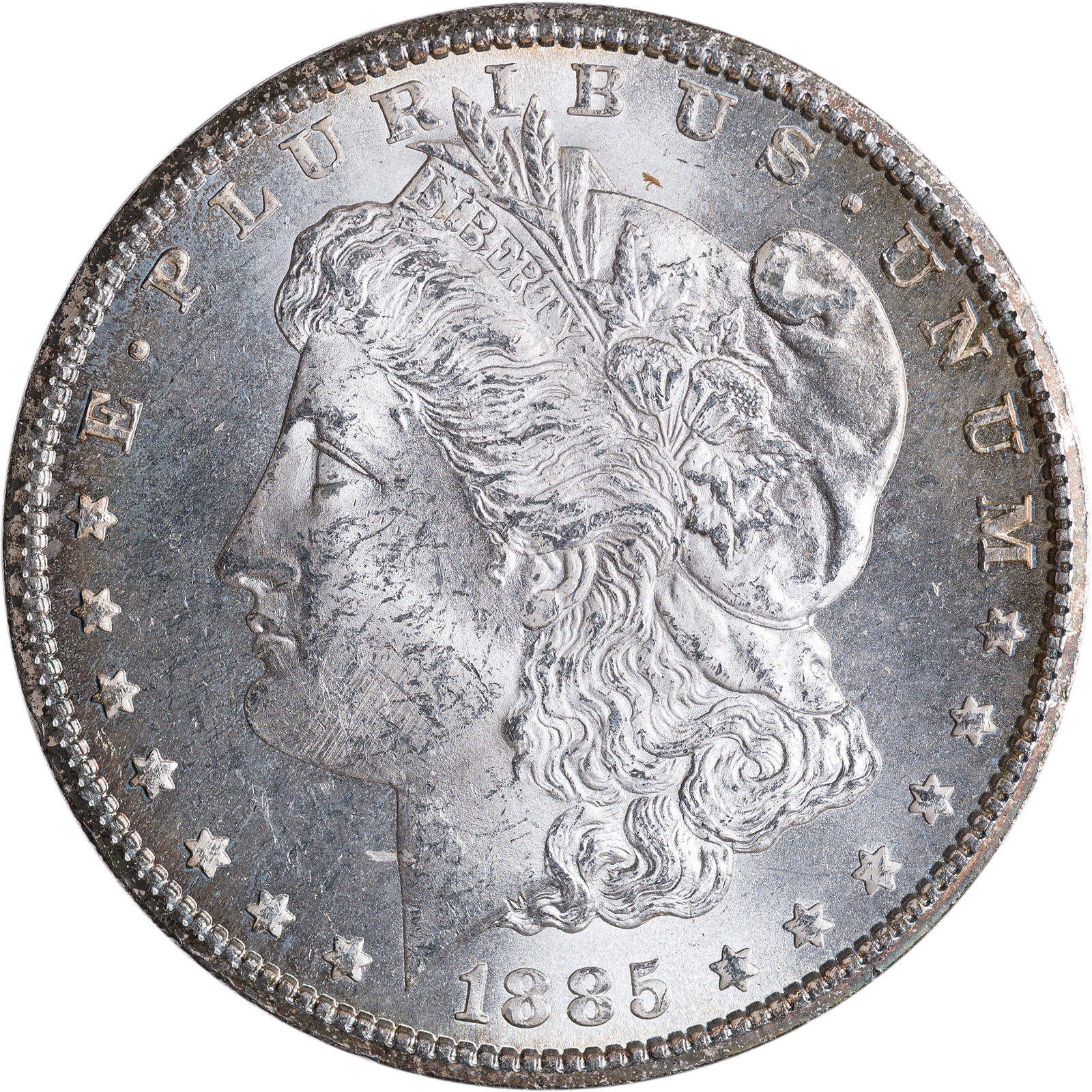 Choice MS-63 1885-CC Morgan Dollar: Satiny and brilliant with bold cartwheel luster and a somewhat PL reverse.