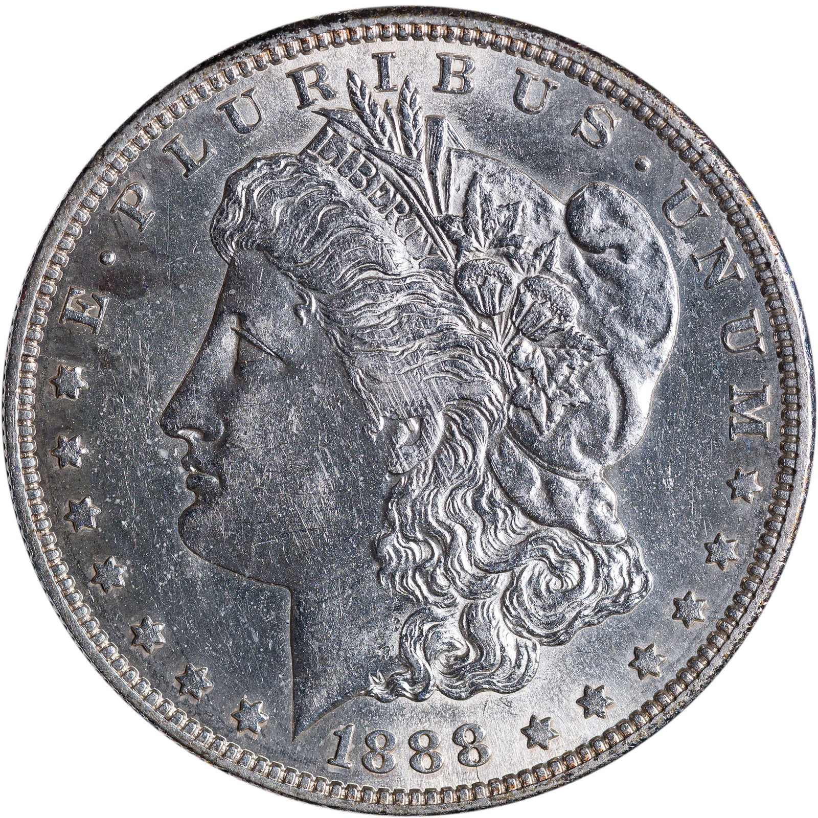 Choice AU-58 1888-S Morgan Dollar: A first-glance Unc, bright, sharp, and lustrous.