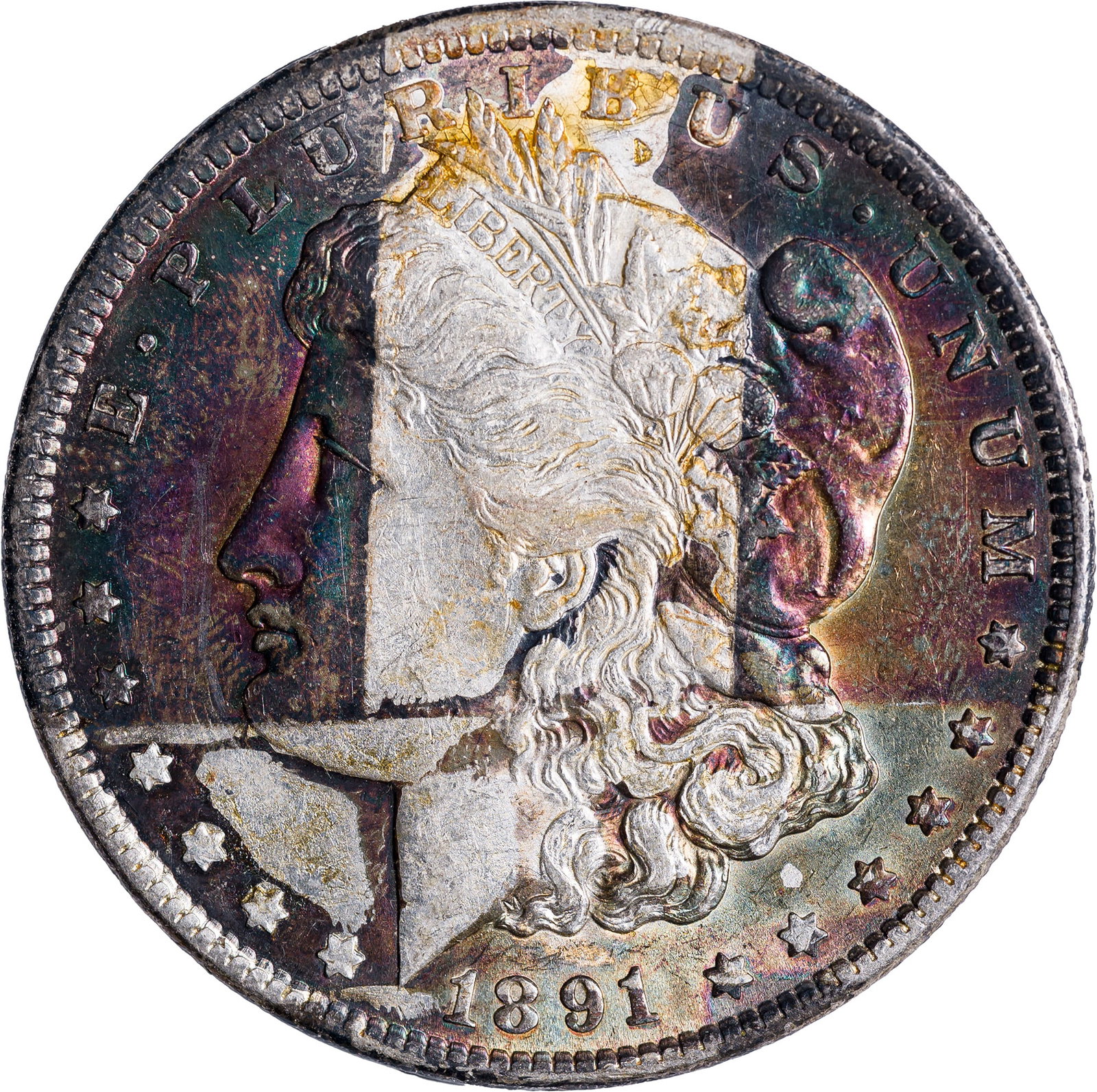 MS-60 Toned 1891 Morgan Dollar: Lustrous and brilliant obverse center with vivid violet, green, gold, and crimson in a cross-pattern, probably the result of the coin being taped into an album at some time in the past. The reverse