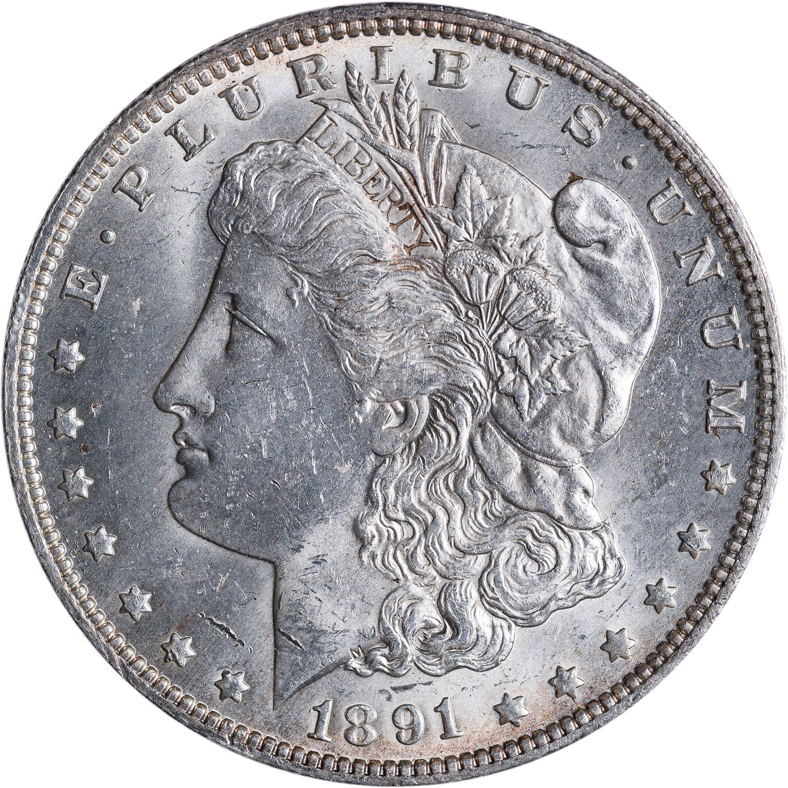 MS-60+ 1891-O Morgan Dollar: Brilliant, frosty, and lustrous silver-gray.