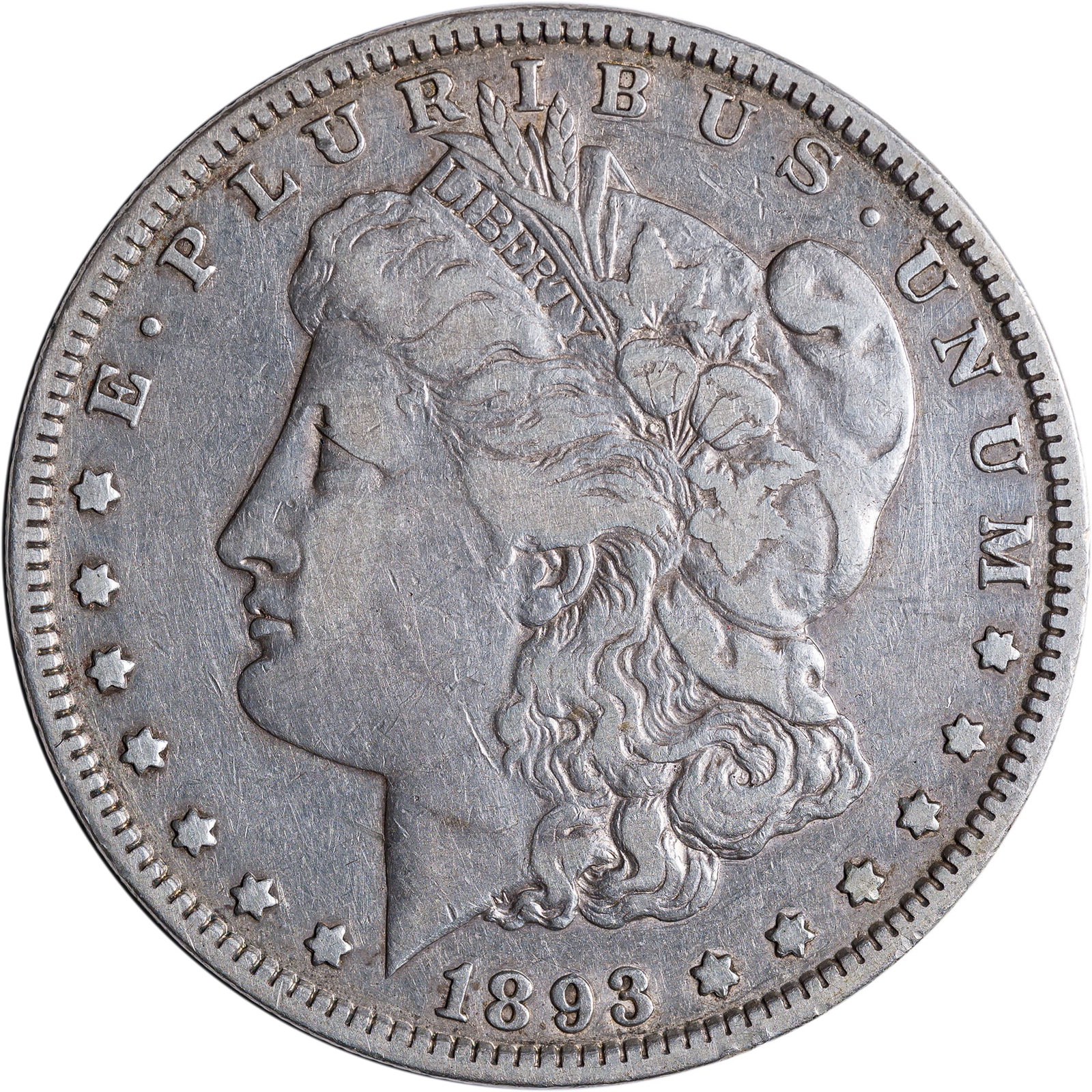 VF-25 1893 Morgan Dollar: Mark-free pale golden-gray surfaces.