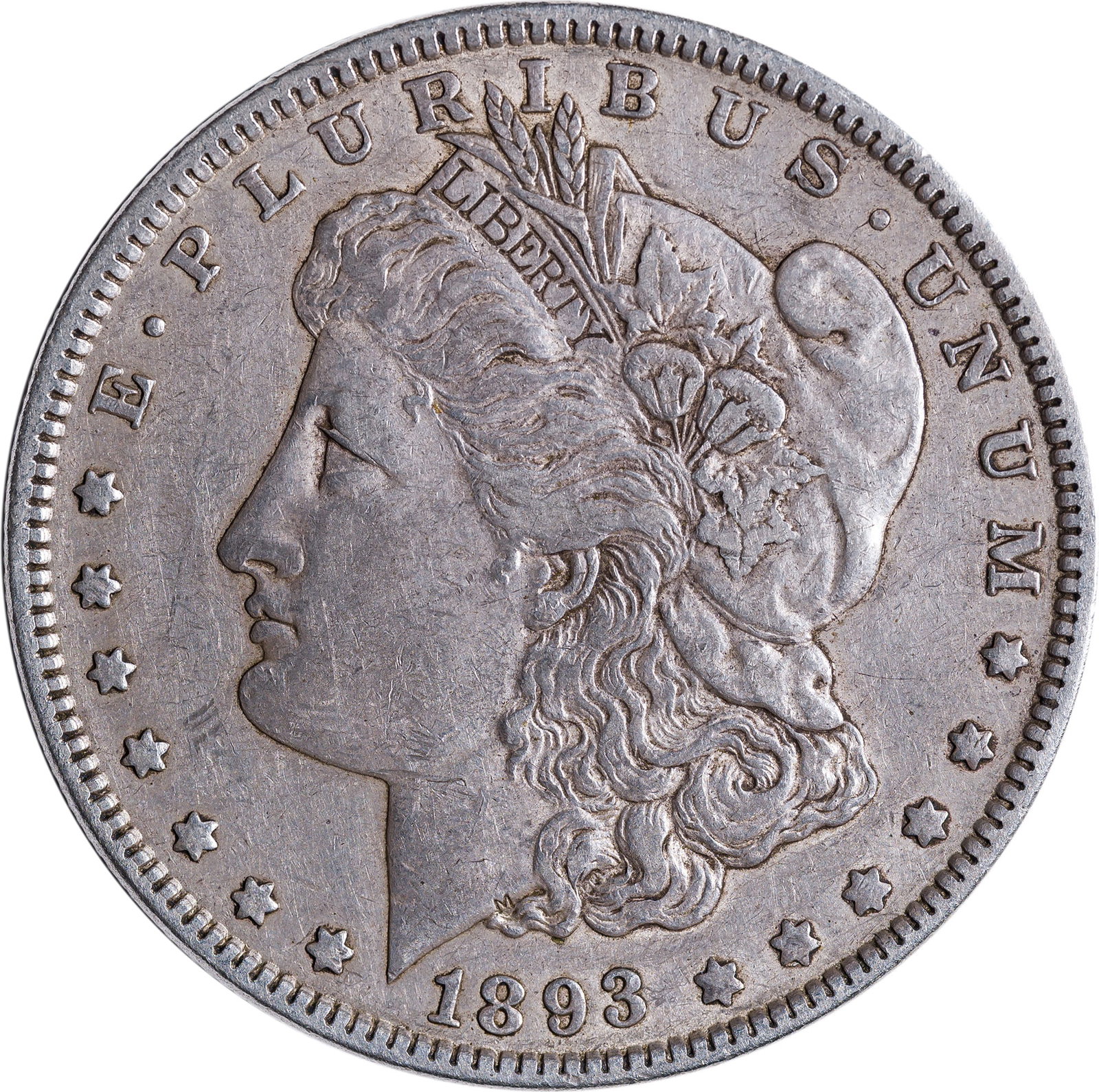 EF-45 1893 Morgan Dollar: Original with a good amount of mint luster remaining. Shows some faint hairline scratches next to the Eagles left wing.