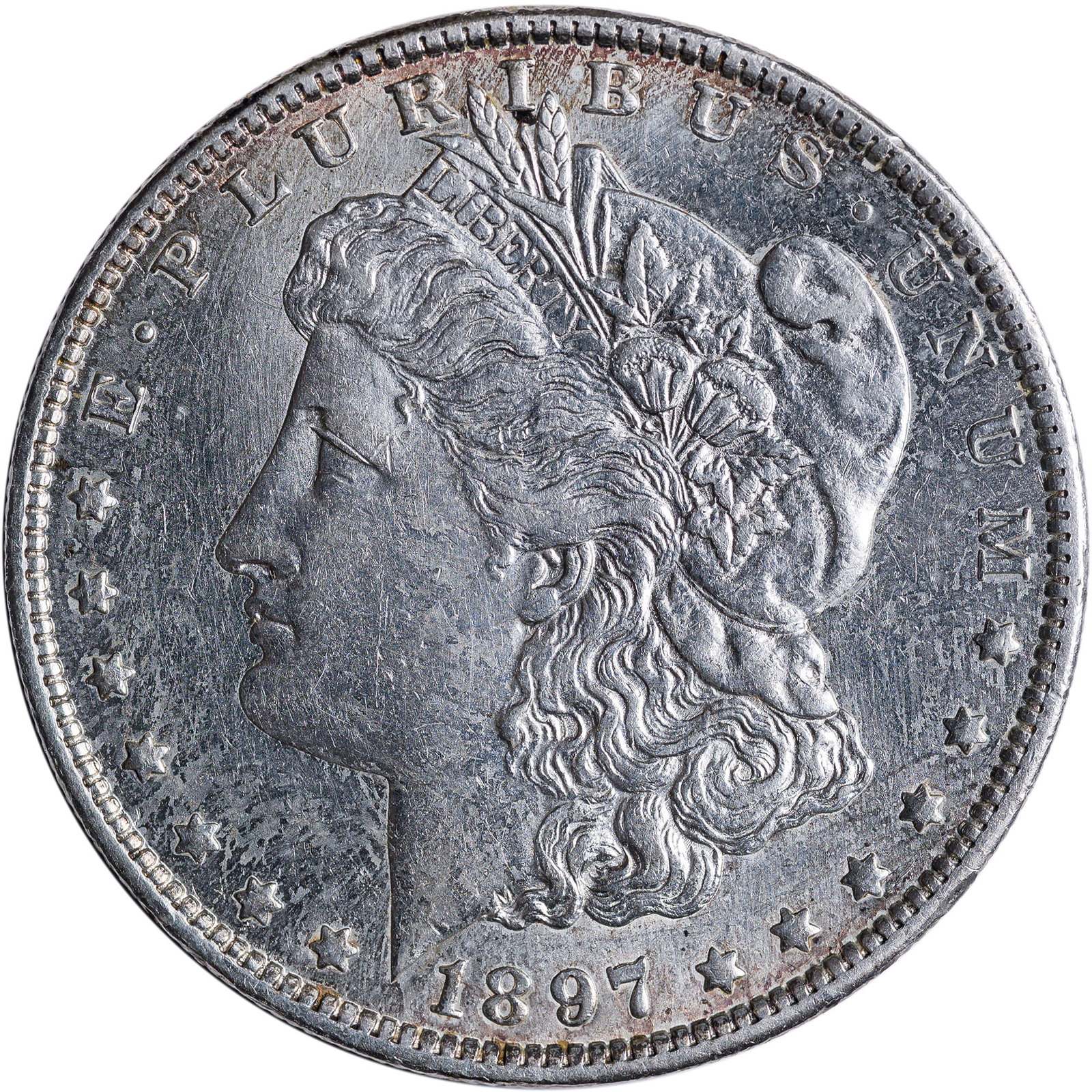 AU Details 1897-O Morgan Dollar: Plenty of mint bloom is still present despite an old cleaning. Golden halos beginning at the rims.