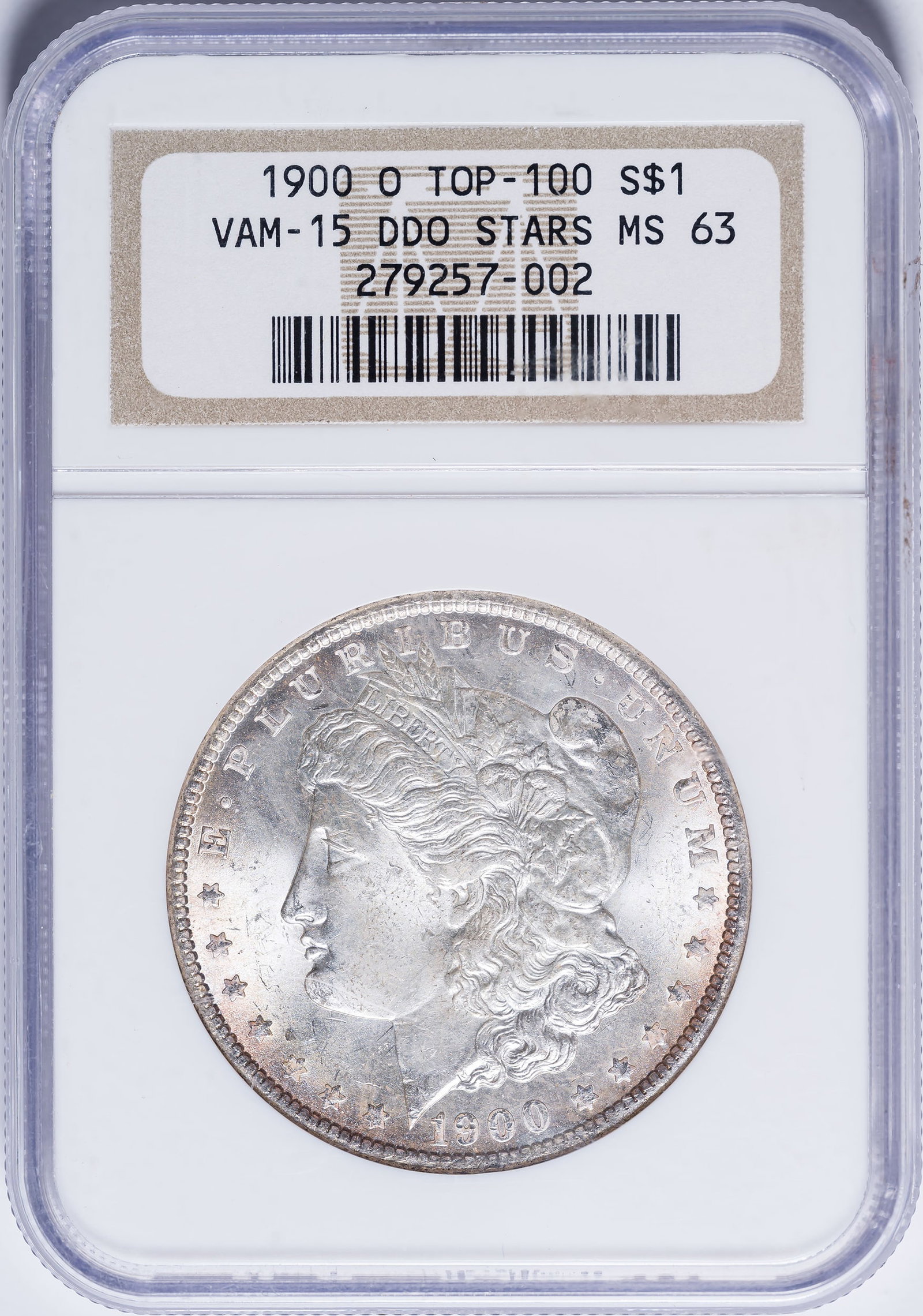 NGC MS-63 1900-O Morgan Dollar Variety: VAM-15. Top 100. Doubled Die Obverse Stars. Bright and lustrous with a hint of rose and gold iridescence at the rims.