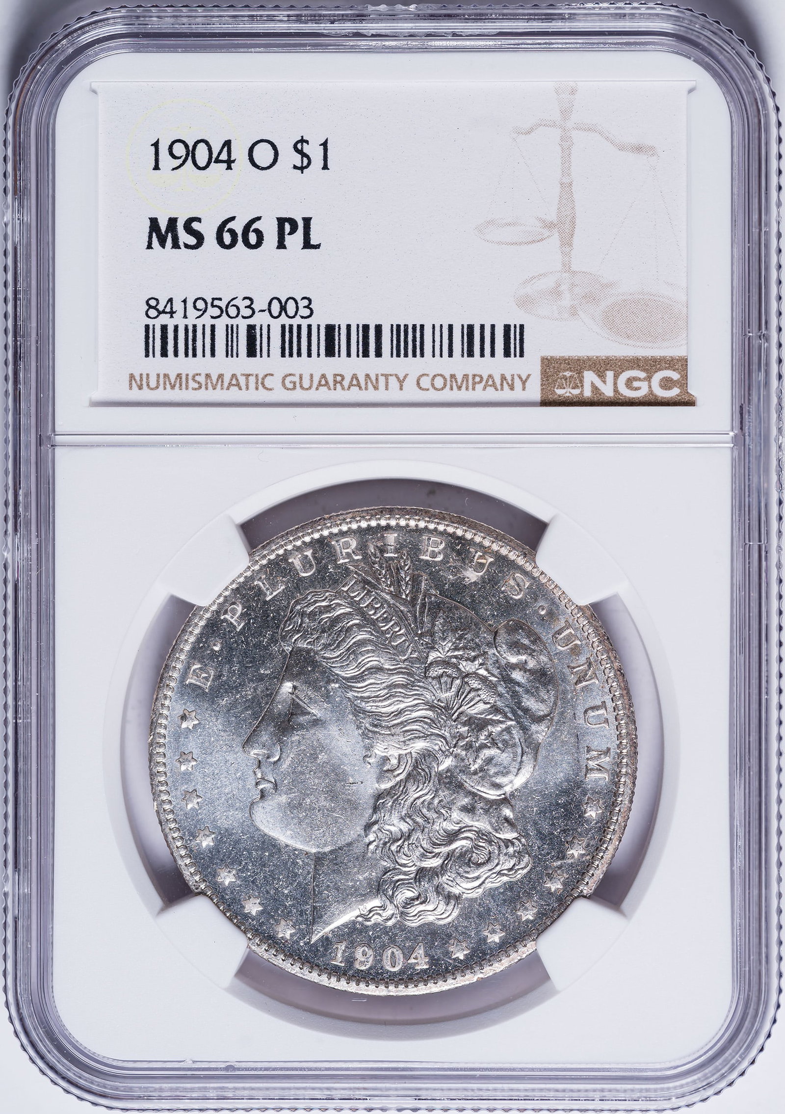 NGC MS-66 PL 1904-O Morgan Dollar: Bright, lustrous, and laden with eye appeal. First glance appearance is that of a Proof Morgan. Nice!