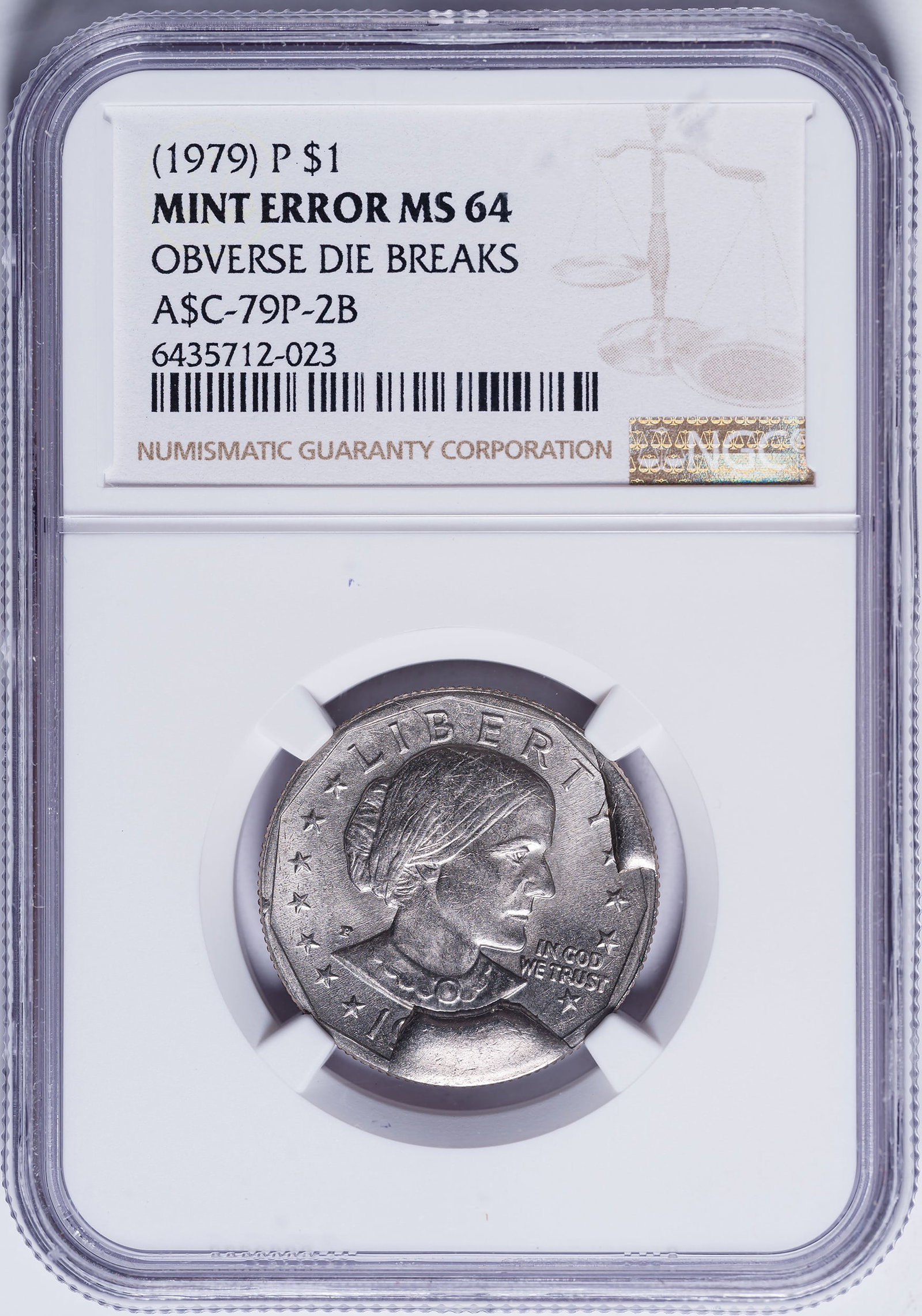 NGC MS-64 (1979) S.B.A $1 Error: Shows heavy die break cuds on the obverse. Rare.