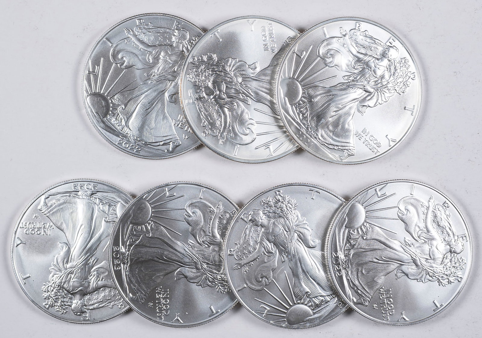 7 Pieces 2021-23 One Ounce Silver Eagles: Includes (2) 2021, (4) 2022 & (1) 2023. (Total: 7 pieces)