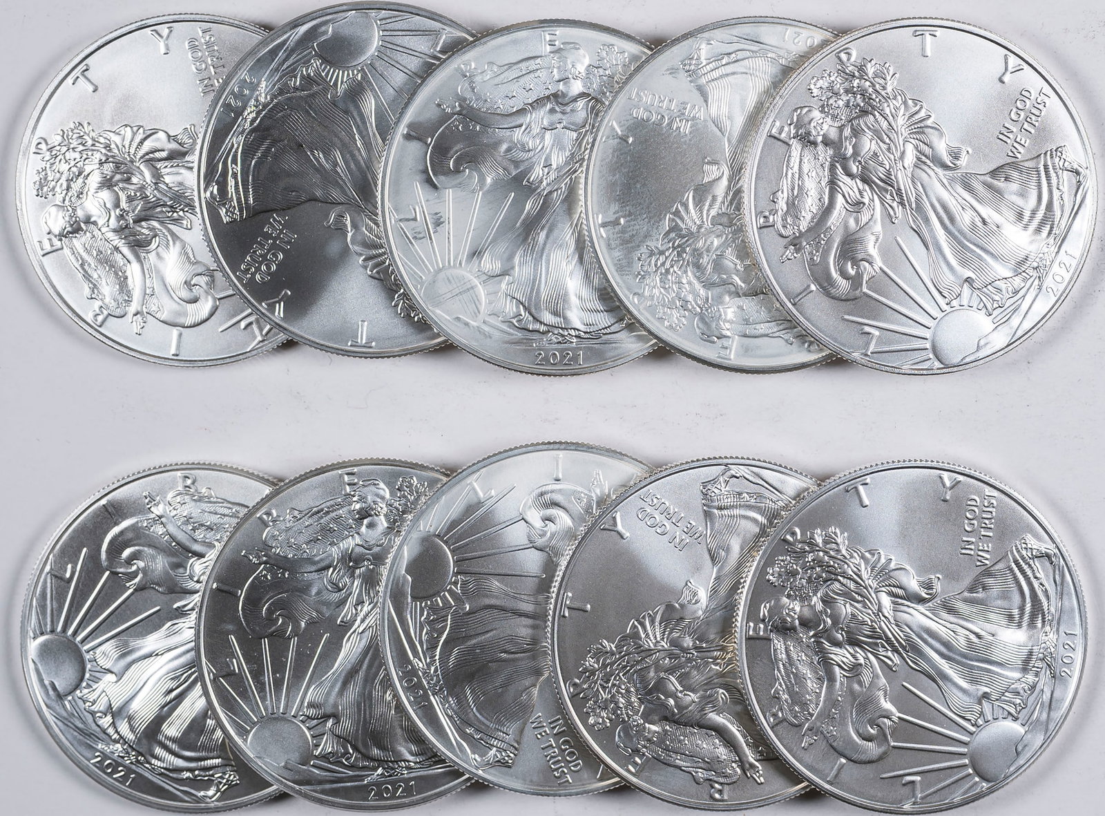 10 Pieces 2021 One Ounce Silver Eagles: All are in Gem UNC Condition. (Total: 10 Pieces)