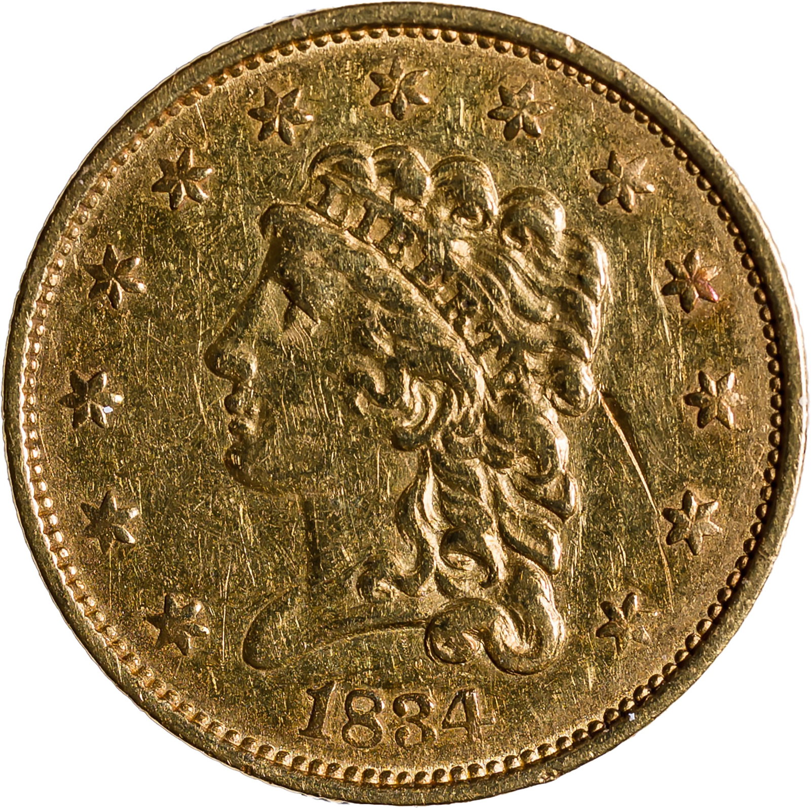 AU Details 1834 Classic Head $2.5 Gold: Warm honey-gold with pale orange peripheral toning. Some light hairlines and a mark behind Liberty's portrait account for the "Details" grade.