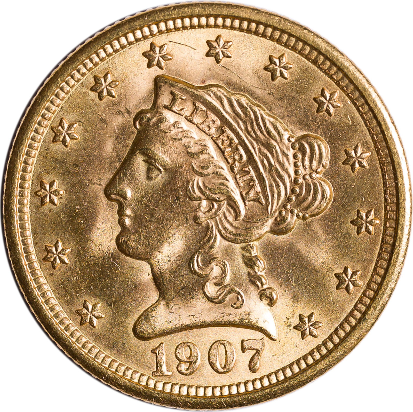 Gem 1907 $2.50 Gold W/ Christmas Holder: The coin has a slight obverse scratch otherwise would probably make MS-66. Comes with an old Colony Trust Company Christmas gift holder (which is now in 2 pieces).