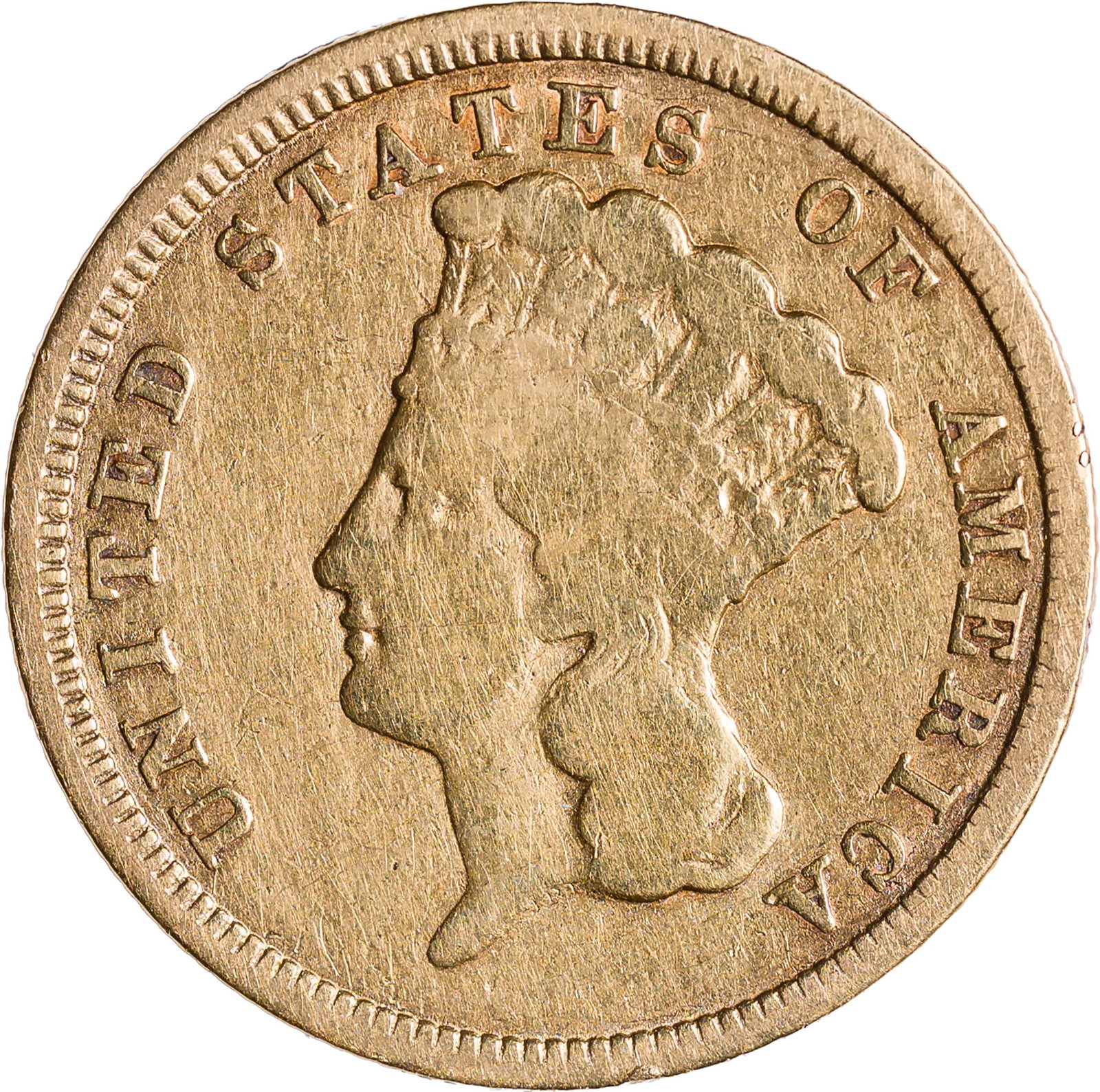 Fine-12 1854 $3 Gold: A well-worn but not heavily marked example of the first date in the series, and the only date with DOLLARS in small letters on the reverse.