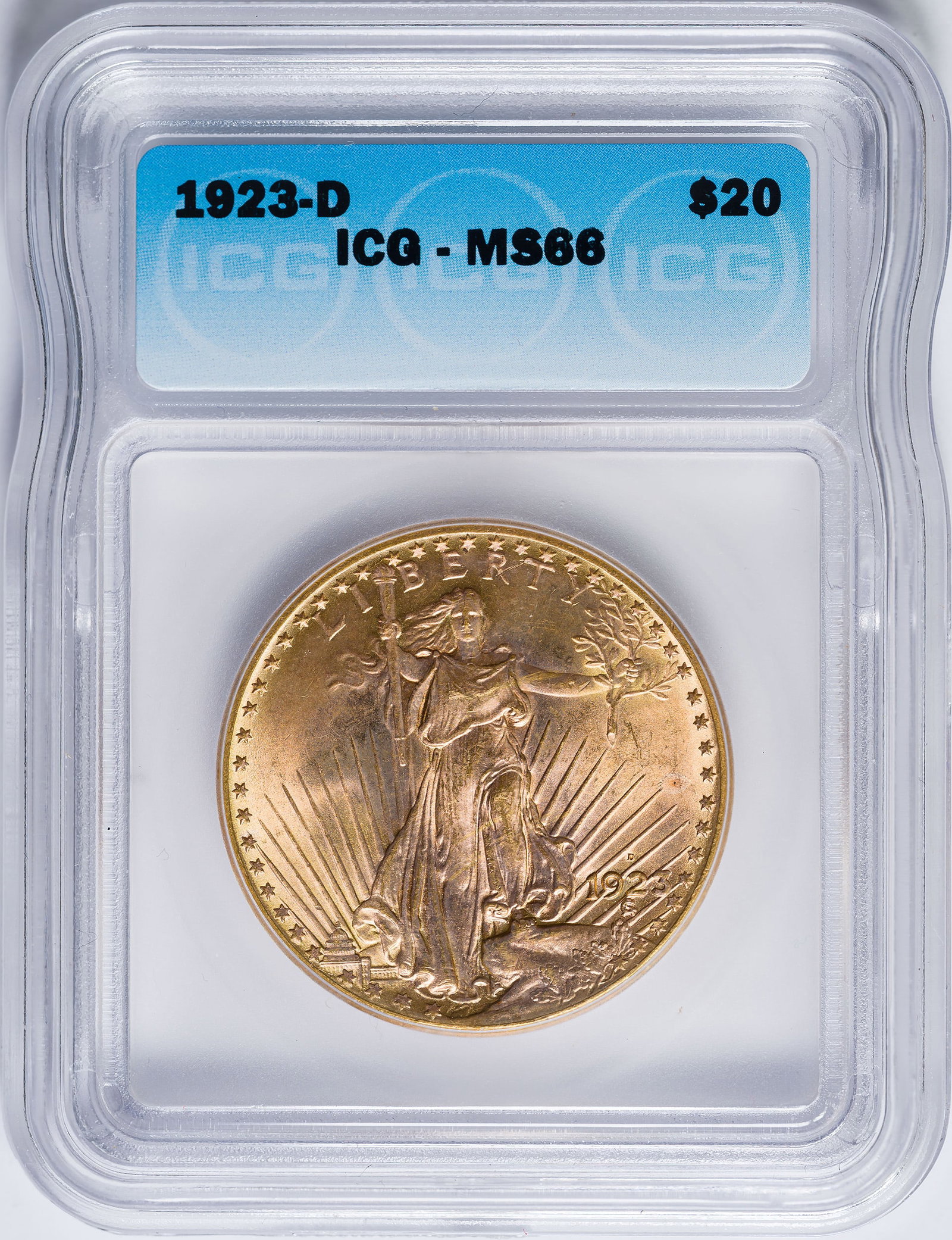 ICG MS-66 1923-D $20 Gold St. Gaudens: An exceptional Gem example - yes, we agree with the grade - with satiny surfaces alive with luster and aglow with pale rose-orange iridescence.