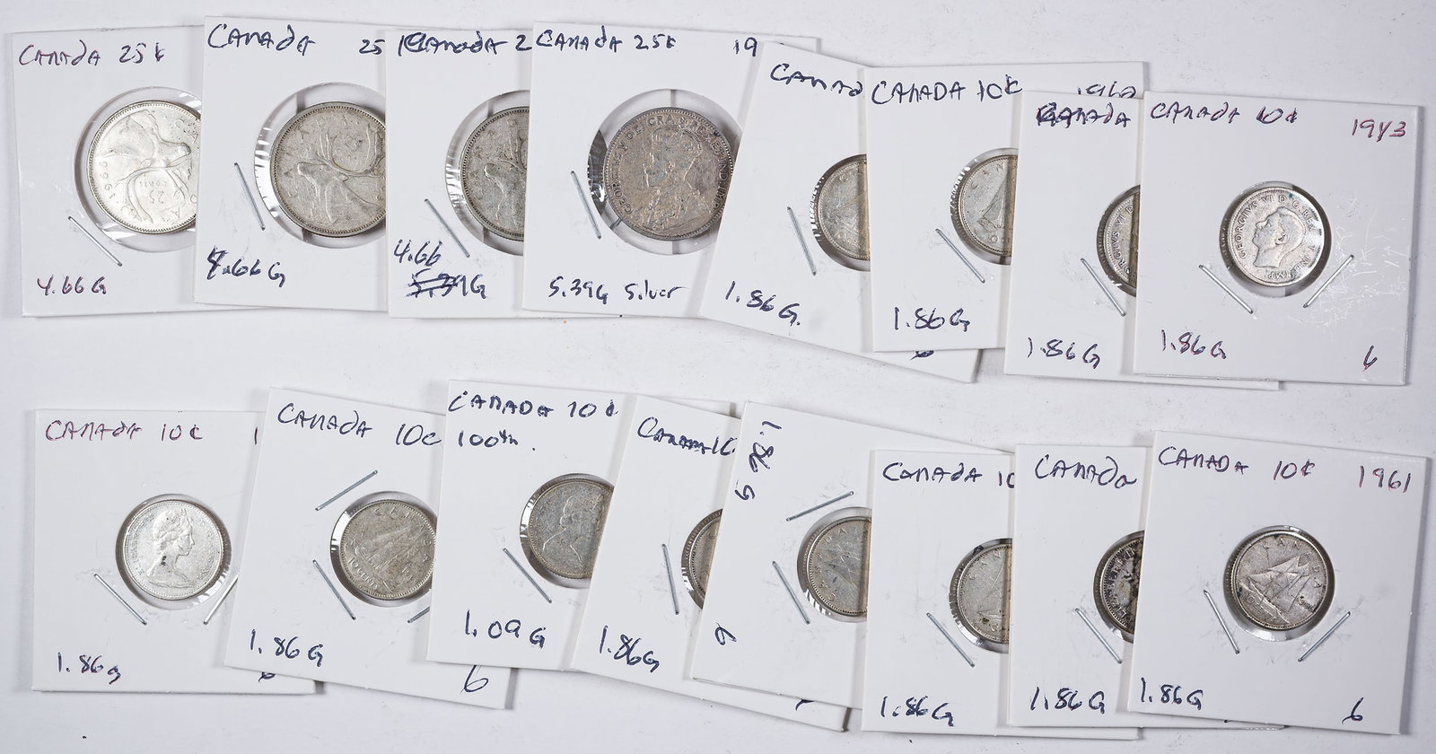 Canada. 10-Cents and 25-Cents Denomination Mix: Average circulation. 10-Cents. 1943 (2); 1960; 1961 (2); 1962 (2); 1963; 1964; 1965 (2); and 1967 commemorative. 25-Cents. 1912; 1962; 1963; and 1966. (Total: 16 pieces)