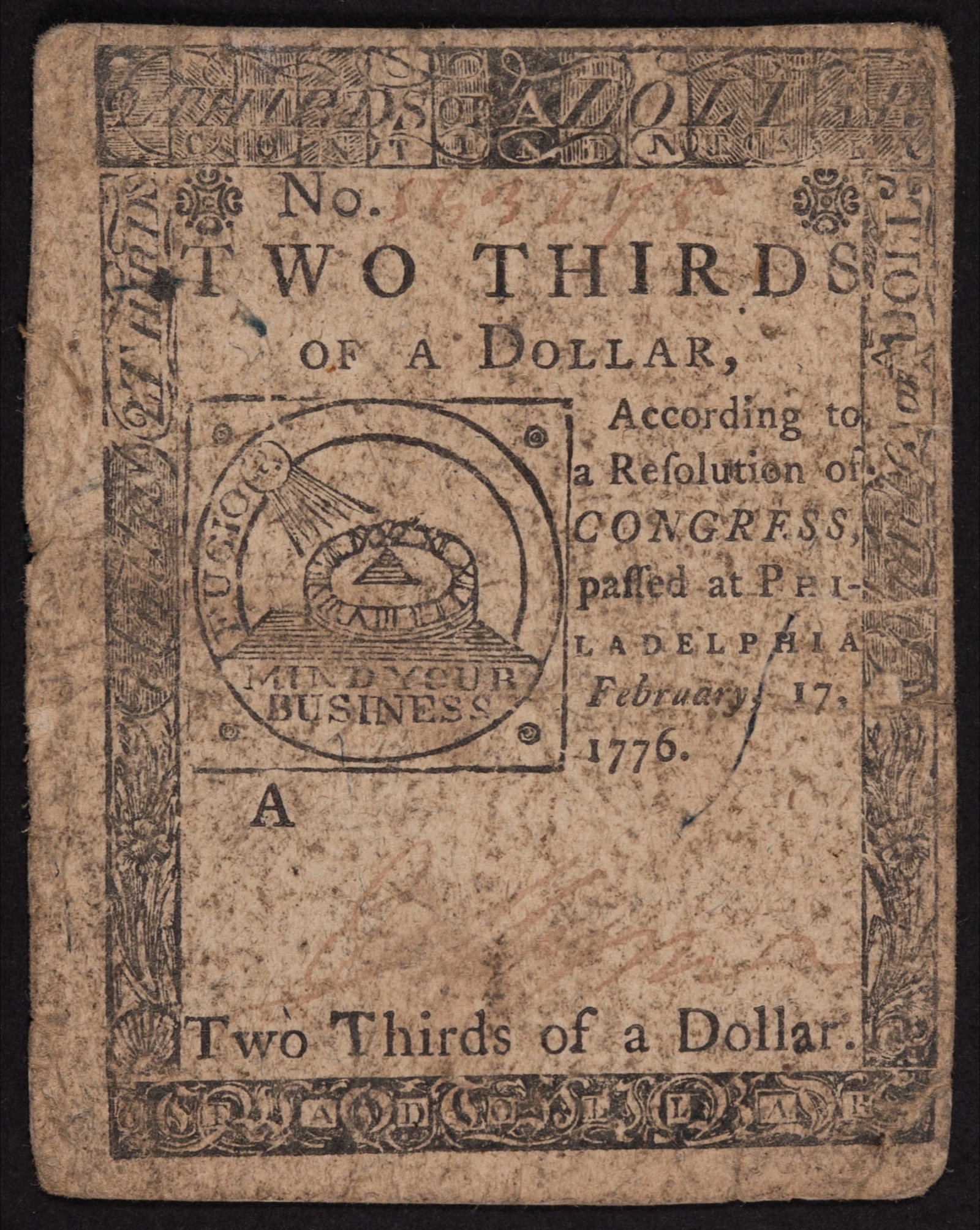 VF 1776 $2/3 Continental Currency: February 17, 1776. Popular Fugio design. The signatures are quite weak.