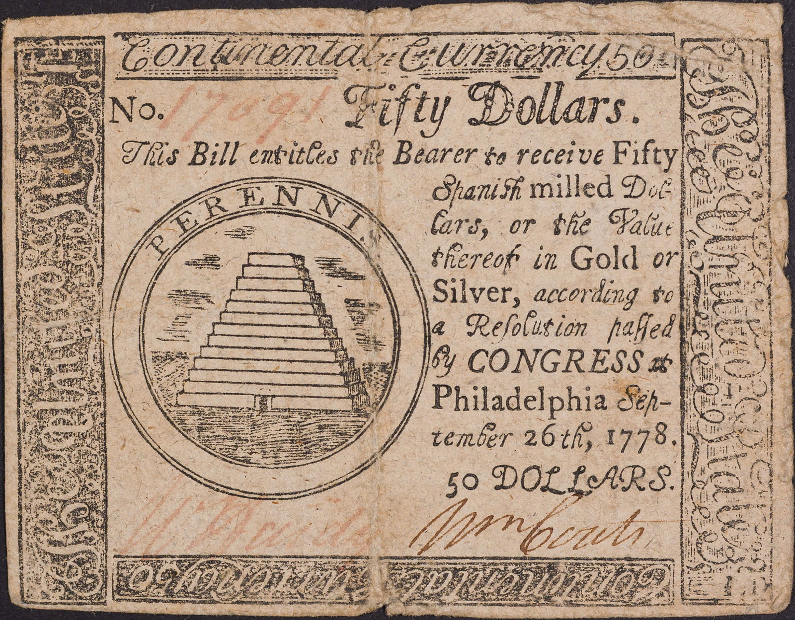 VF 1778 $50 Continental Currency: Philadelphia, September 26th 1778. Creased and with some toning, but still a substantial note for the type.