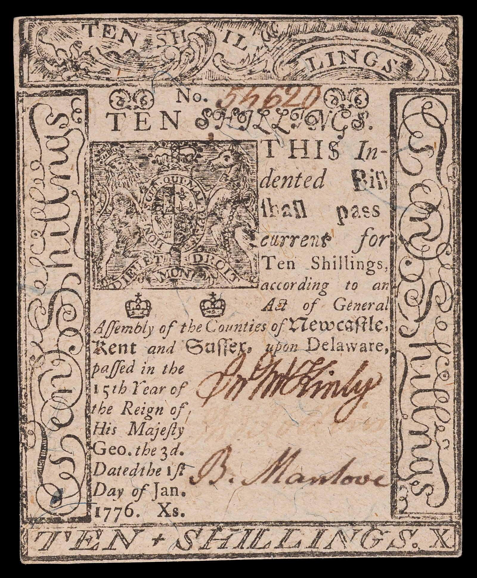 Delaware. AU 1776 10 Shillings Note: A beauty! Evenly centered and lightly toned with aesthetic appeal that exceeds the grade to our eyes. Boldly inked throughout. Wheat sheaf reverse with "To Counterfeit is Death" admonition. McKinly, C