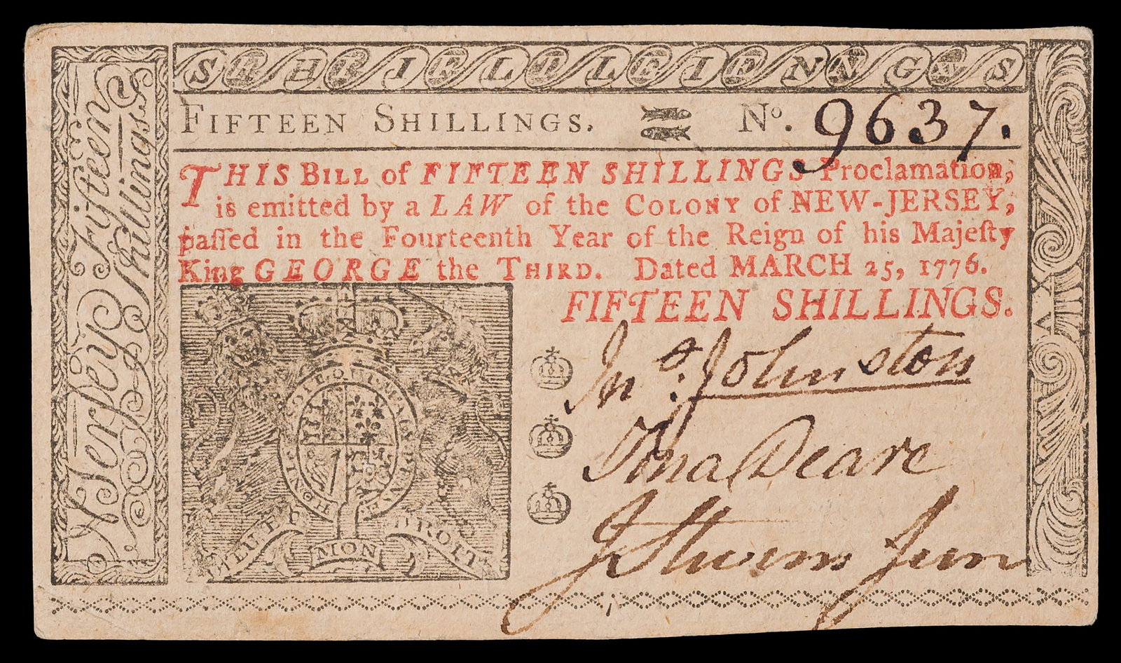 New Jersey. AU 1776 15 Shillings Note: A fresh-in-appearance beauty for the grade and type. Deep red and black inking on face, deep black leaf print and "To Counterfeit is Death" on back. Printed in Burlington with Johnston, Deare, and Ste