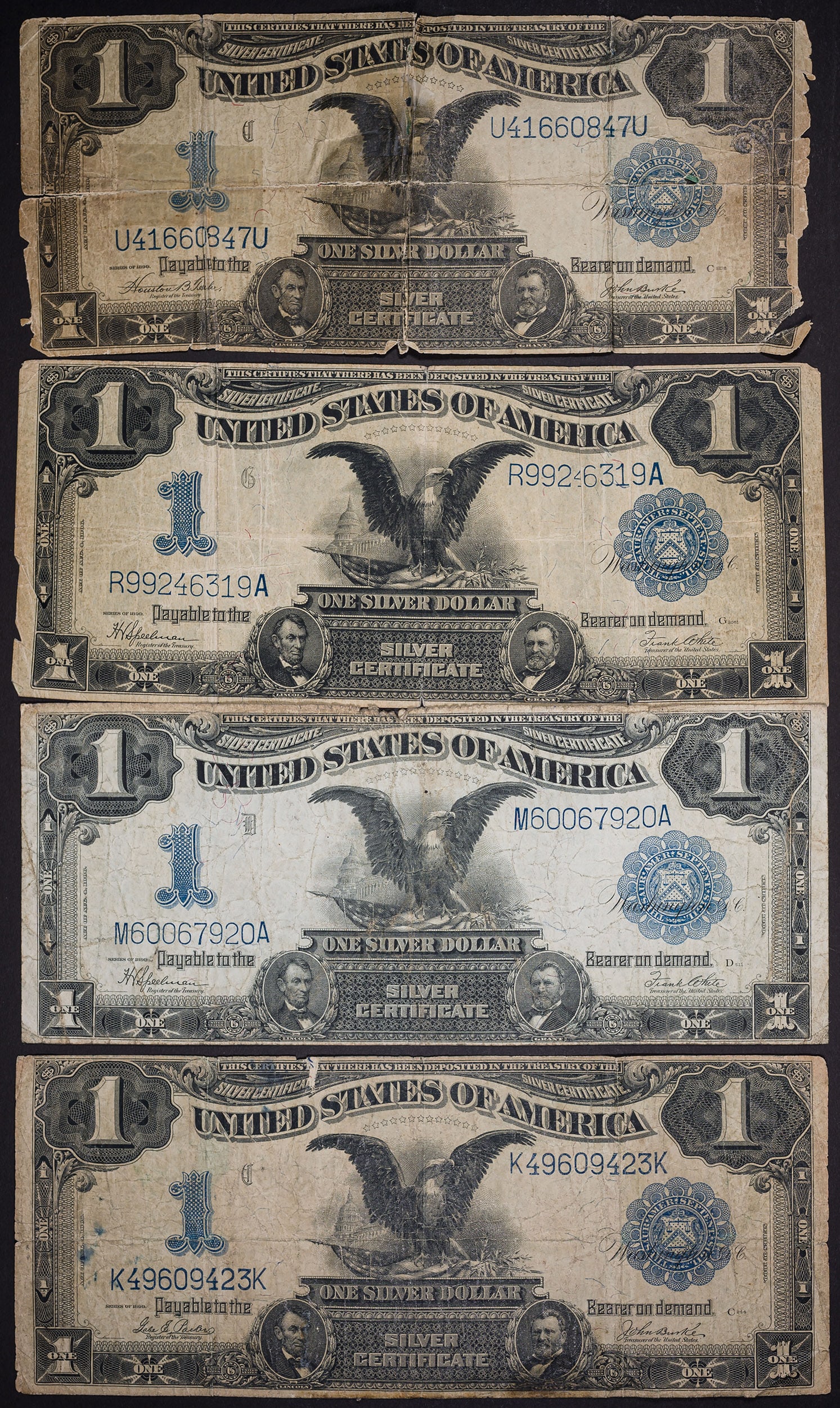 Four Fine to VF Black Eagle $1 Notes: All with various paper issues, including tears, creasing, and toning. (Total: 4 pieces)
