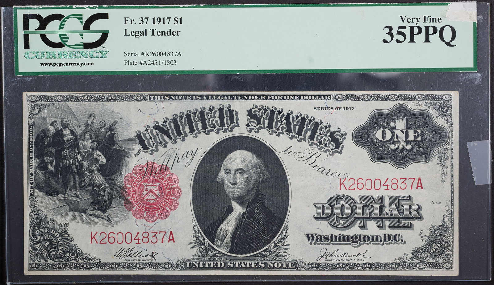 PCGS VF-35 PPQ 1917 $1 Note: Fr-37. A lot of note for the grade. Wrinkling is minimal, the inking is still bold, and the overall appearance bespeaks a slightly finer grade.