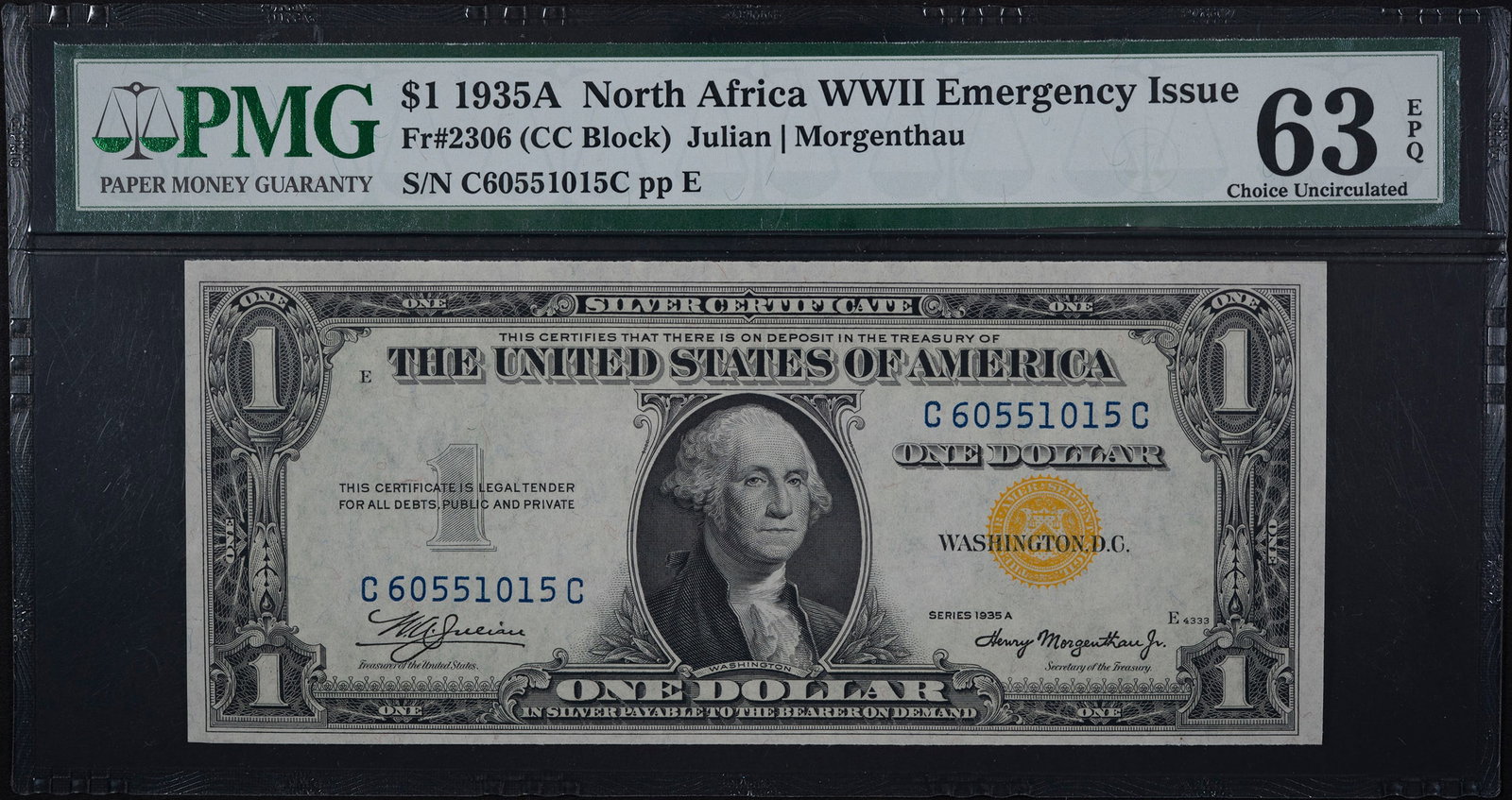 PMG-63 EPQ 1935-A North Africa $1: A choice example of this yellow seal WWII issue silver certificate.
