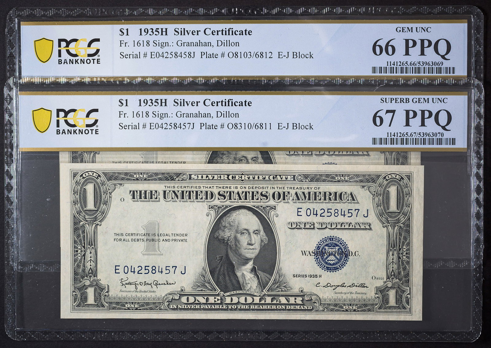 Gem Pair of PCGS-Certified 1935-H $1 Notes: Consecutively numbered. Both Fr-1618. Includes: Superb Gem Unc-67 PPQ; and Gem Unc-66 PPQ. Two beauties! (Total: 2 pieces)