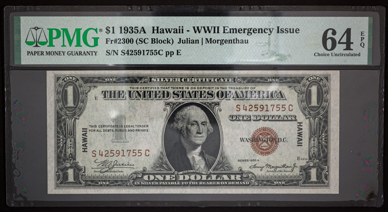 PMG CU-64 EPQ 1935-A Hawaii Overprint $1 Note: Fr-2300. An exceptionally lovely piece with bold ink and paper as perfect as the day it left the press. Gorgeous!
