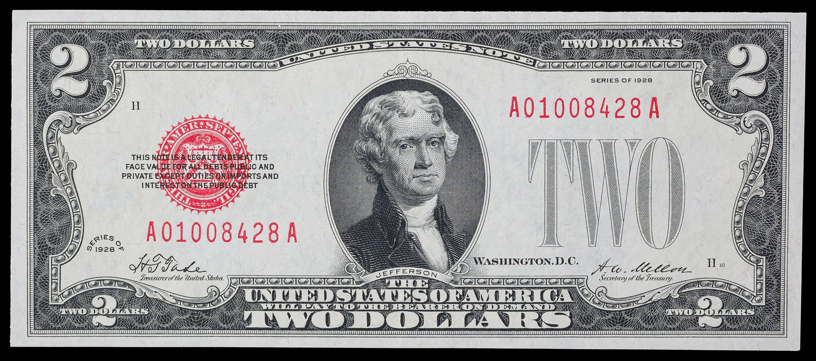 Crisp AU 1928 Red Seal U.S. Note $2 (1 of 2)