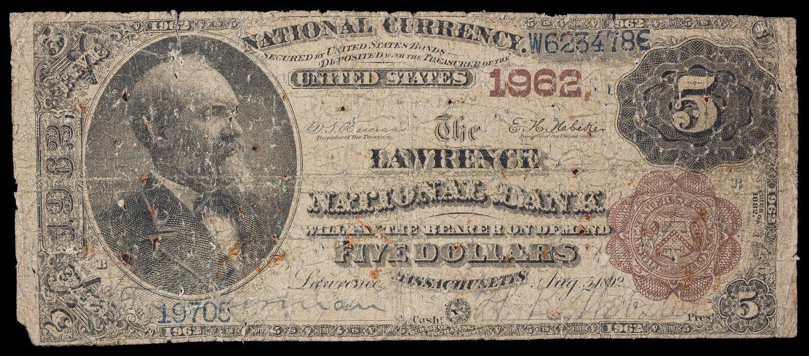 Massachusetts. Good-4 1882 National Currency $5: Lawrence National Bank. Well-worn and toned, but a trifle nicer aesthetically than the grade suggests.