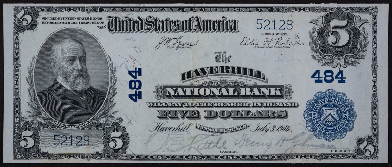 Haverhill MA. EF+ 1902 $5 National: Bright and crisp with just 2-3 light folds.