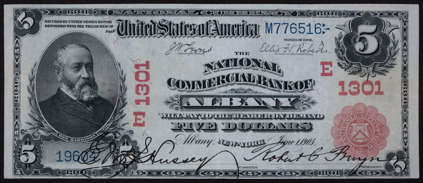 Albany NY. VF-EF 1902 $5 National: Fr.587. Plain Back.Red Seal and Charter. Bright and crisp.
