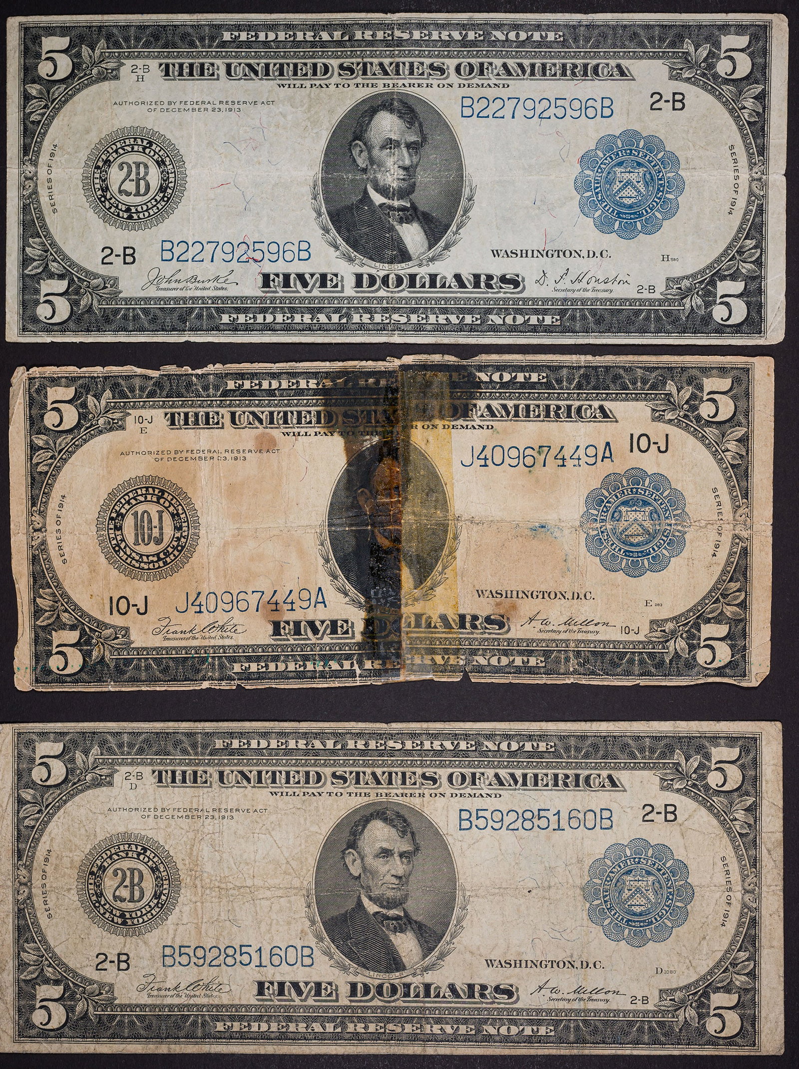 Three Series 1914 $5 Federal Reserve Notes (1 of 2)