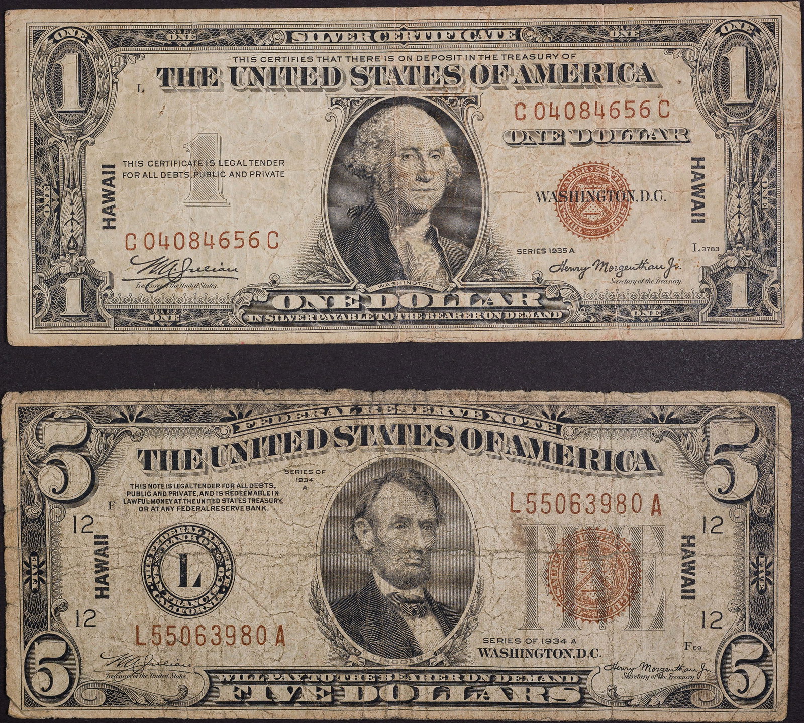 Two Fine to VF 1934-A $1 & $5 Hawaii Overprint Notes (1 of 2)