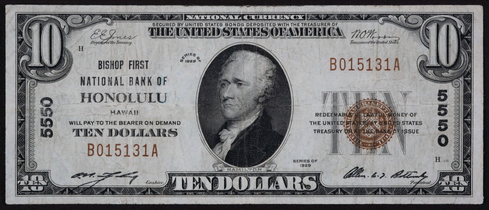 Honolulu HI VF+ 1929 $10 National (1 of 2)