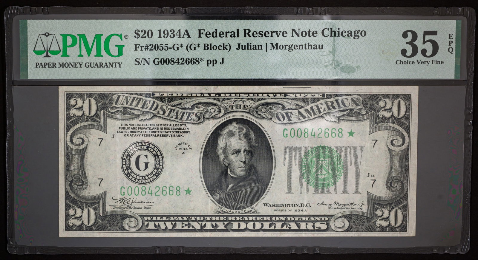 PMG VF-35 EPQ 1934-A $20 Star Note: Fr-2055-G*. Crisp and fresh in appearance, with bright coloring and no visual distractions. One of those "why only VF-35?" types of notes. Serial No. G00842668*. Choice through and through.