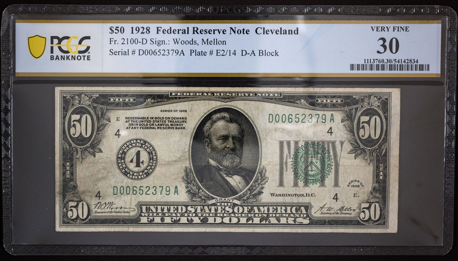 PCGS VF-30 1929 Federal Reserve $50 Note: Cleveland. Fr-2100-D. Pleasing for the grade despite a light crease and some toning. Moderately low Serial No. D00652379A.