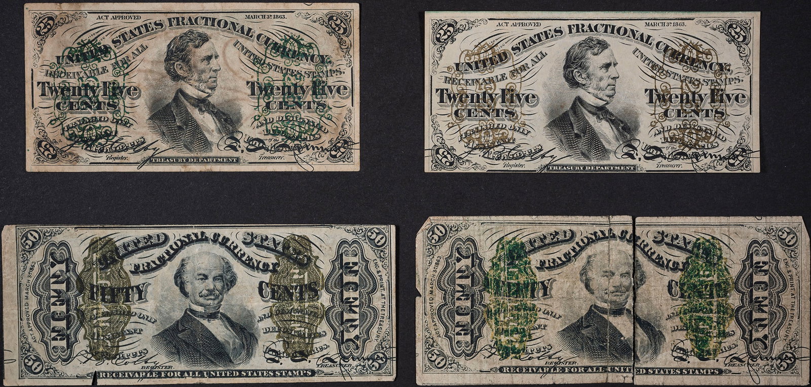 Fine to VF Fractional Currency Note Quartet: Includes: 25-Cents (2), one with gold overprint, the other with green overprint. 50-Cents (2), one with gold overprint, the other with green overprint which is in two parts. (Total: 4 pieces)