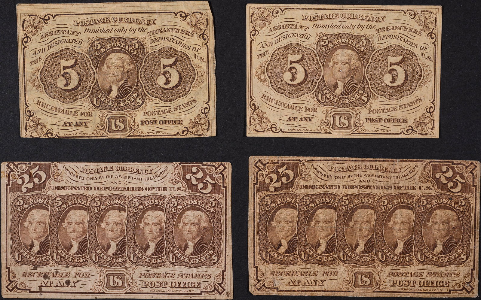 Postage Currency Notes Quartet: First Issue. Includes: 5-Cents (2); and 25-Cents (2). All with deep and colorful brown face and black back. (Total: 4 pieces)