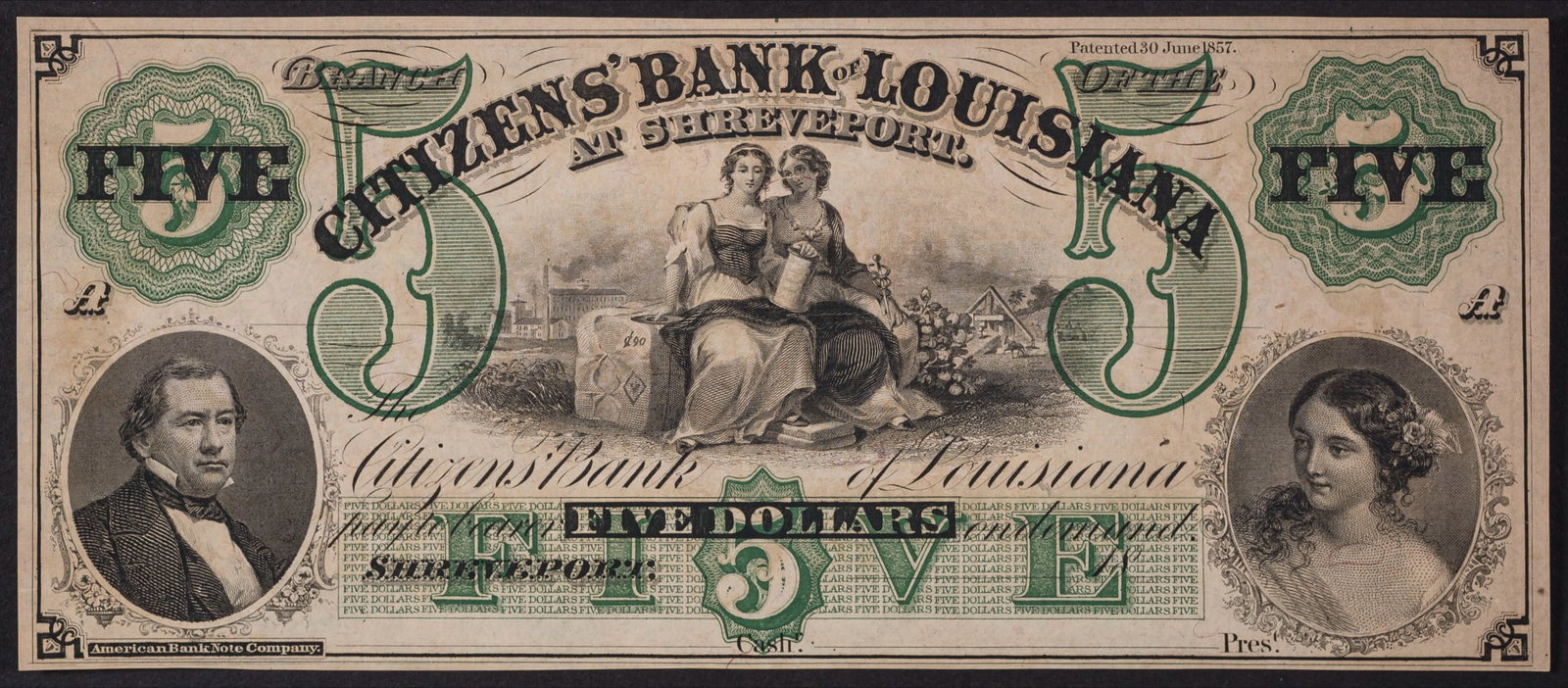 Louisiana. Crisp New Remainder $5 Note: Citizens' Bank of Louisiana at Shreveport. Deeply inked with bold and vibrant colors throughout.