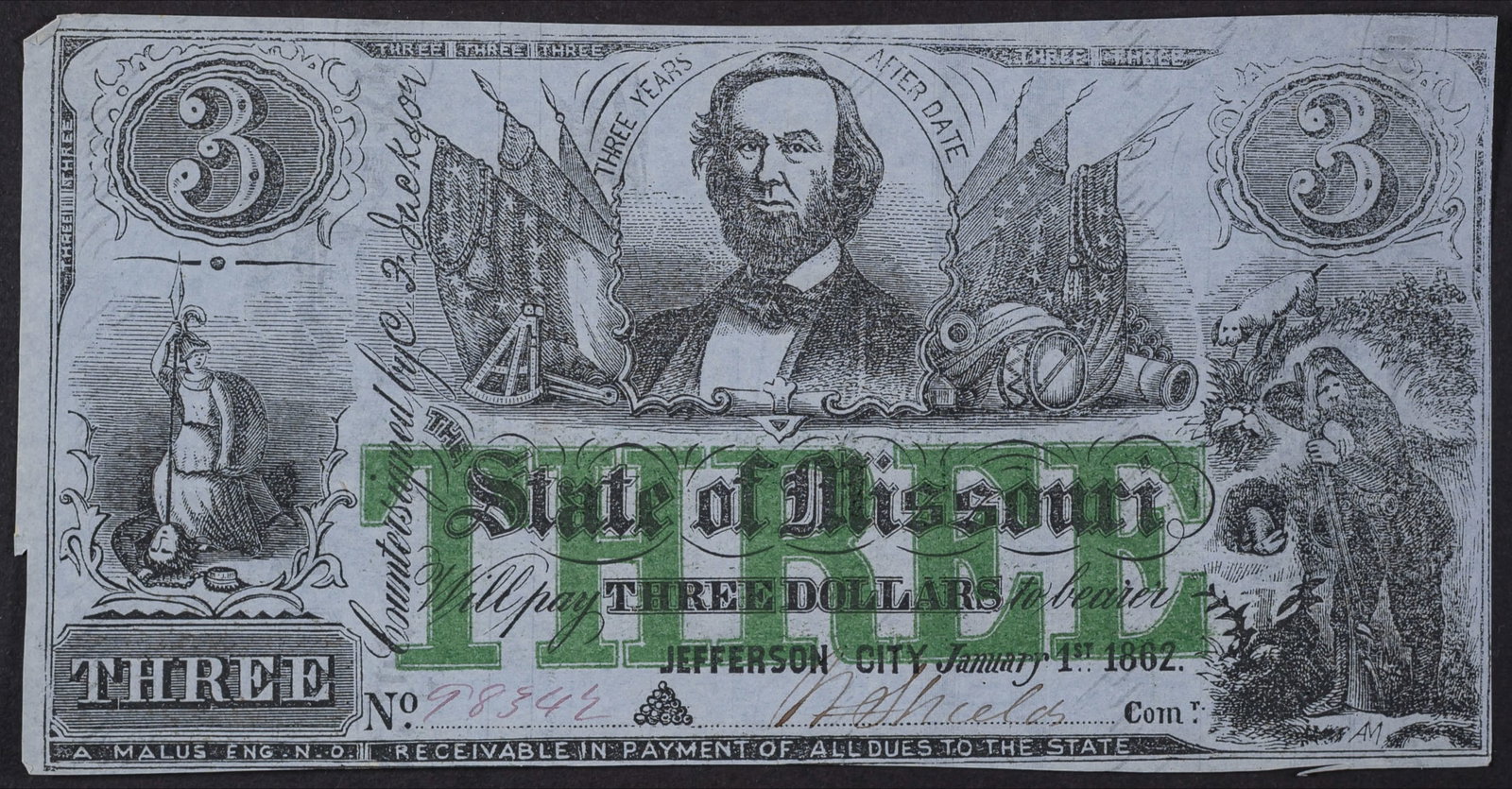 Missouri. EF 1862 $3 Note: Jefferson City, January 1, 1862. Crisp and fresh to the eye, printed on sheet of First and Second of Exchange vouchers.