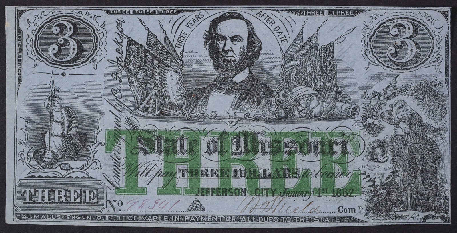 Missouri. AU 1862 $3 Note (1 of 2)