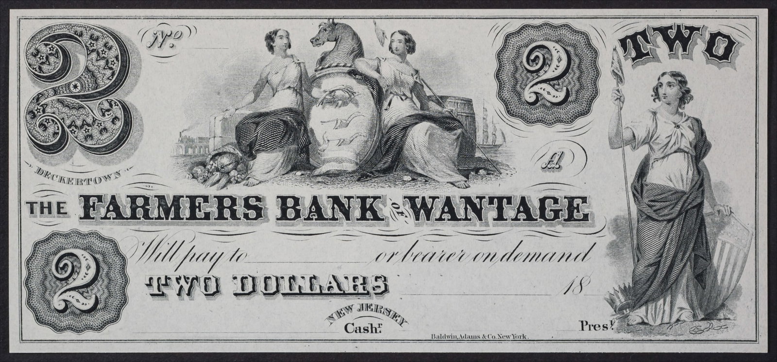 New Jersey. Crisp $2 Proof Reprint Obsolete Note (1 of 2)