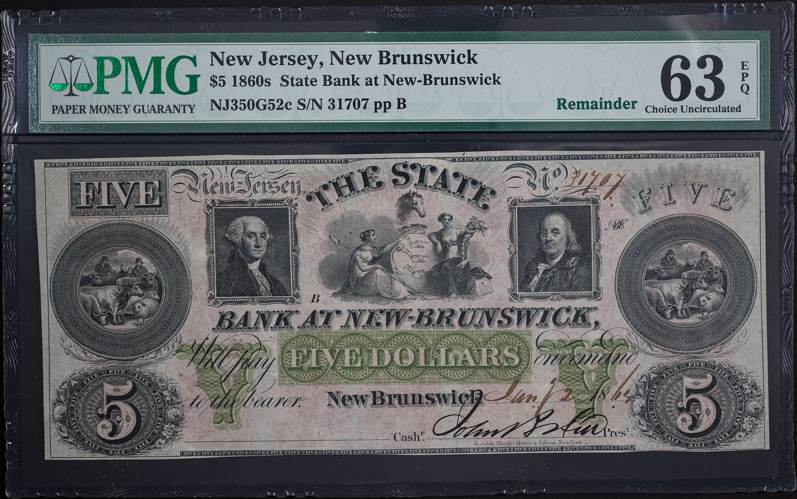 New Jersey. PMG Choice 63 EPQ $5 Note: Bank at New-Brunswick. January 2, 1864. Crisp and colorful. Numbered, signed by the bank's president, but not the bank's cashier. Nice!
