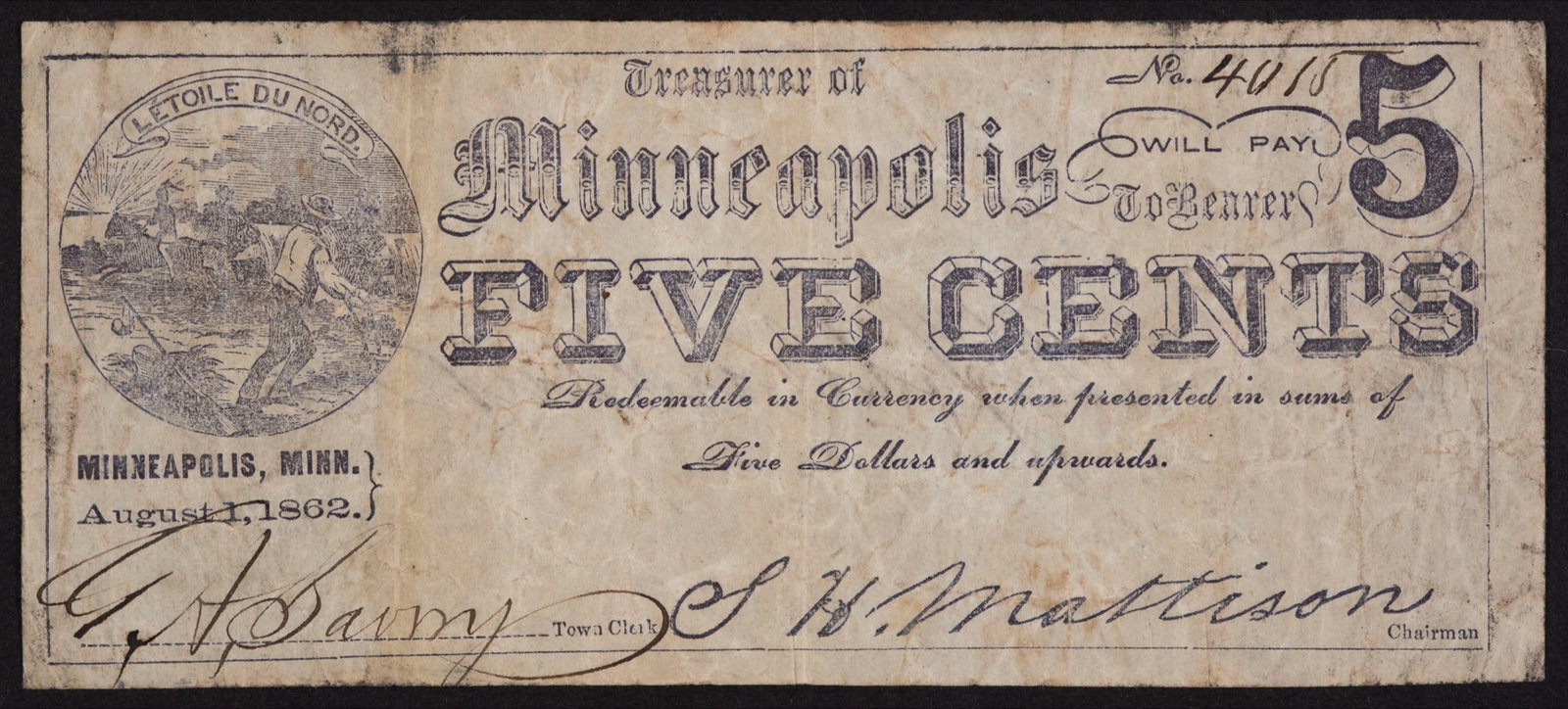 Very Rare Minneapolis MN Civil War Scrip (1 of 2)